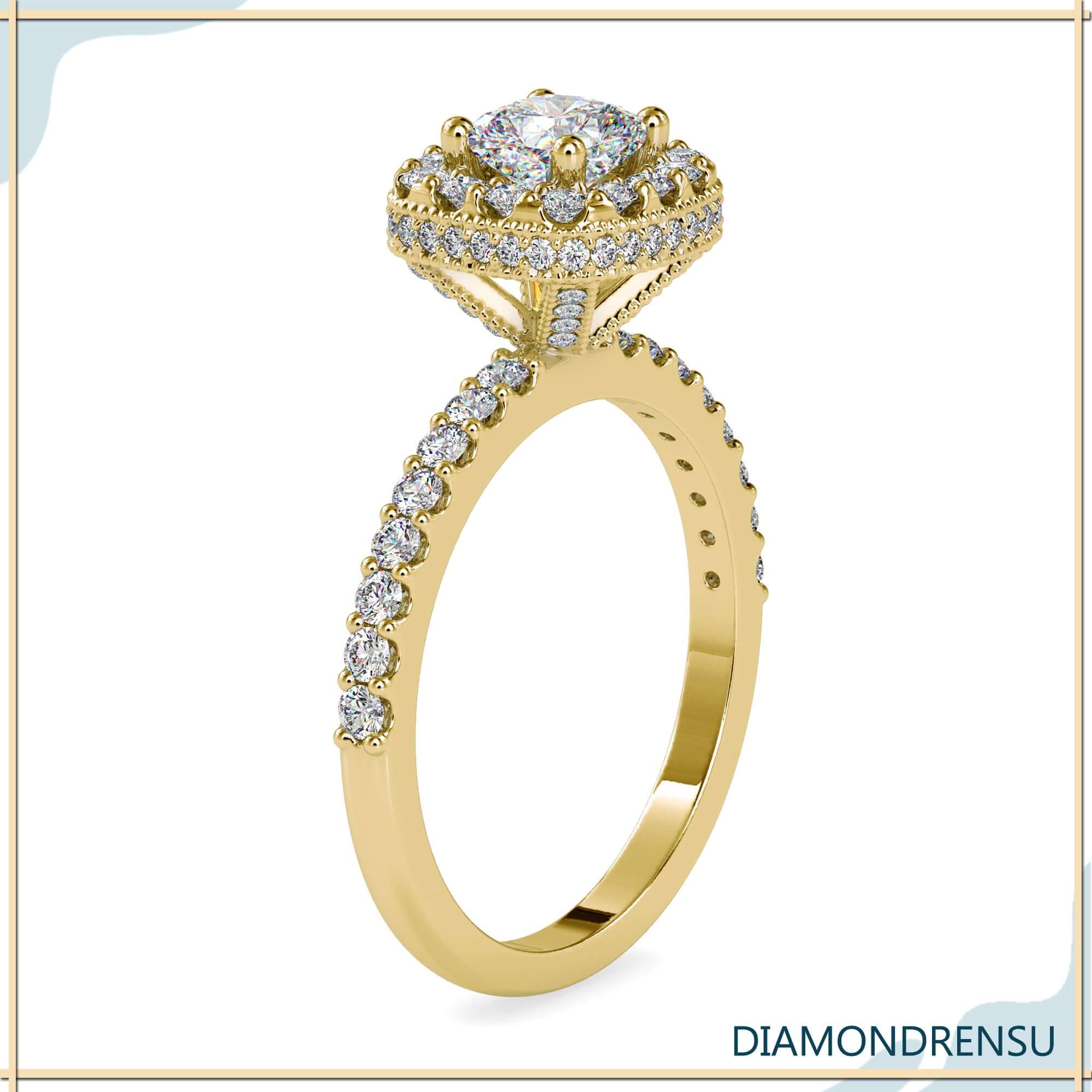 White gold hidden halo ring with round side stones.