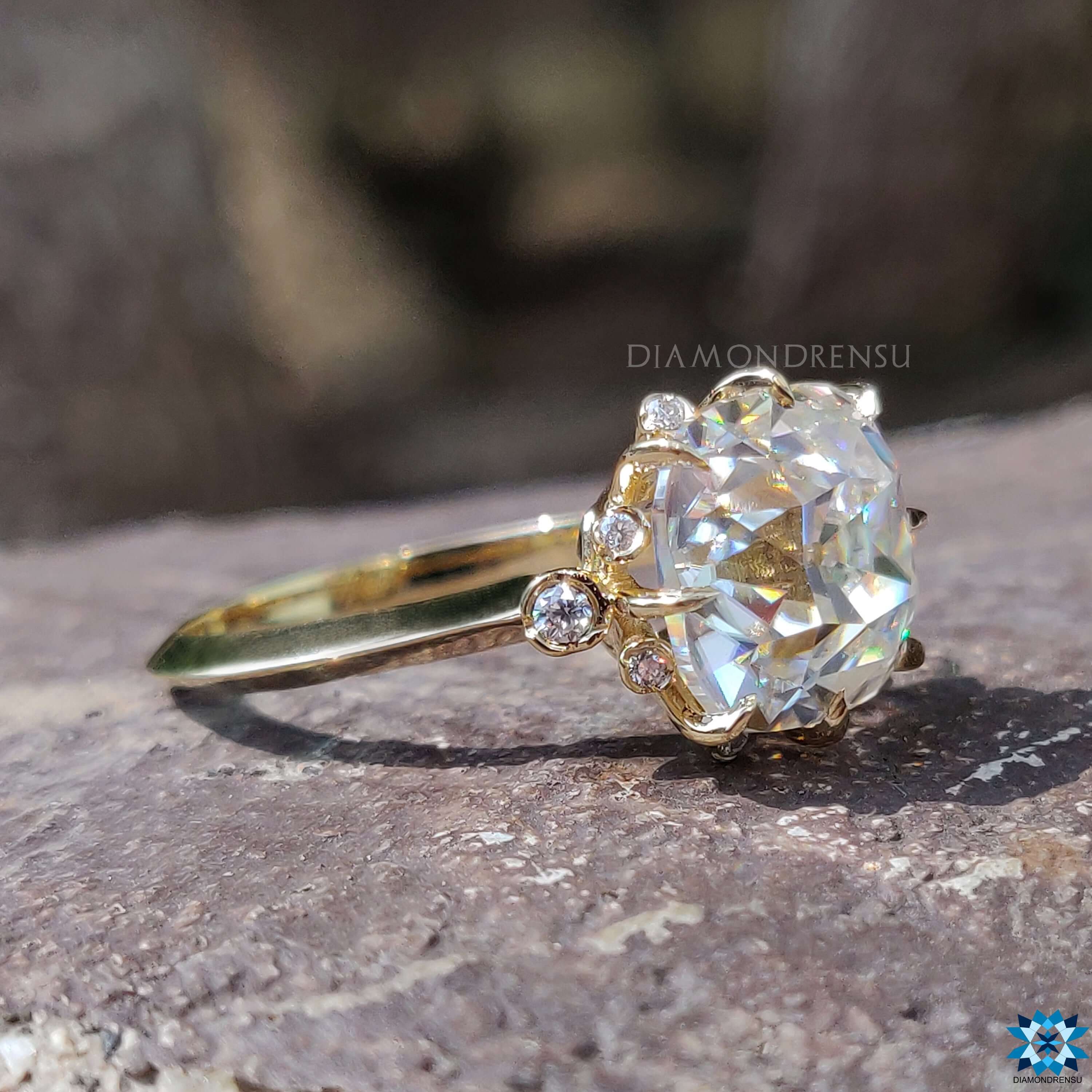 Handmade moissanite ring with unique east-west orientation.