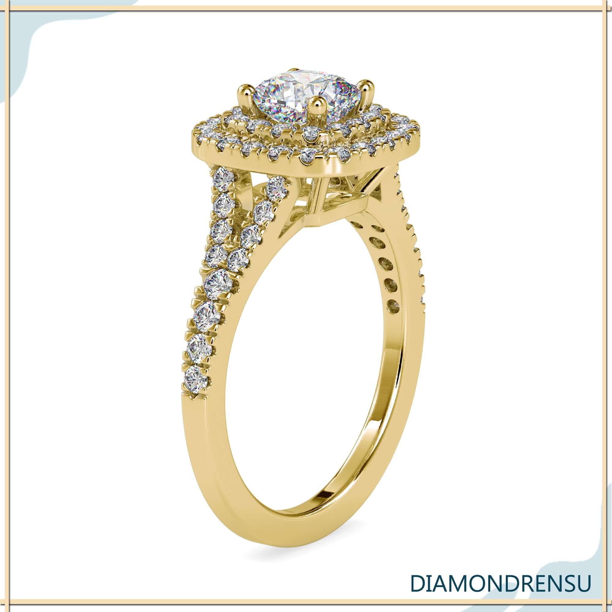 Split shank ring with double halo cushion centre and lab grown diamond.