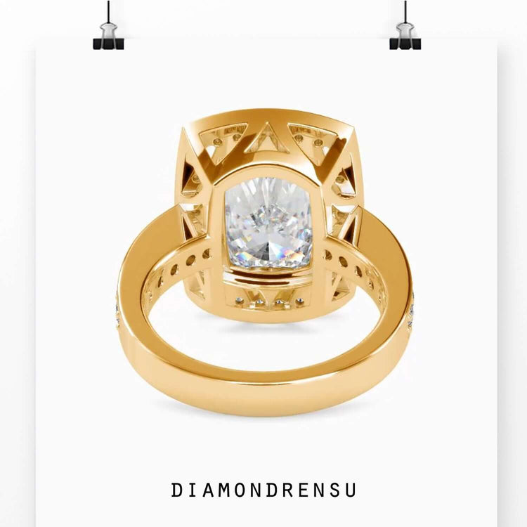 Diamondrensu UK ring with halo set cushion cut diamond.