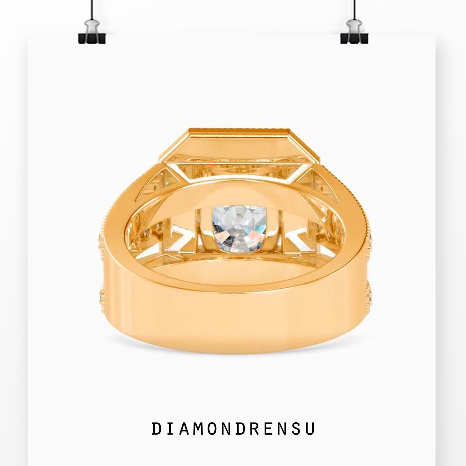 Custom design ring with round prongs and split pave halo.