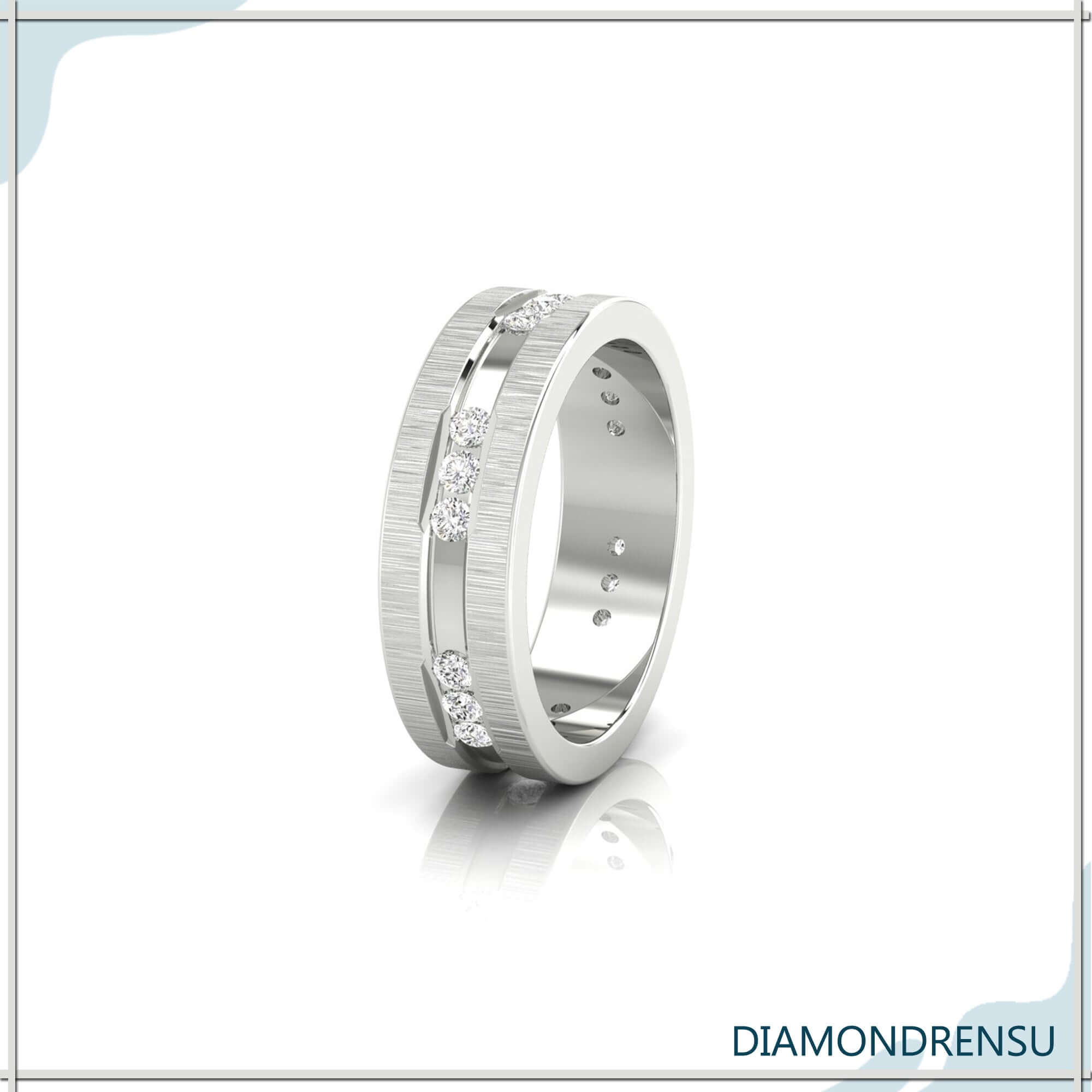 Buy wedding band with carved channel band and lab grown diamonds.
