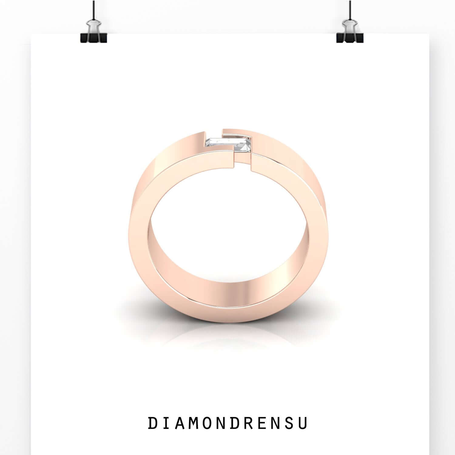 White gold lab grown diamond mens wedding band with single baguette cut diamond.