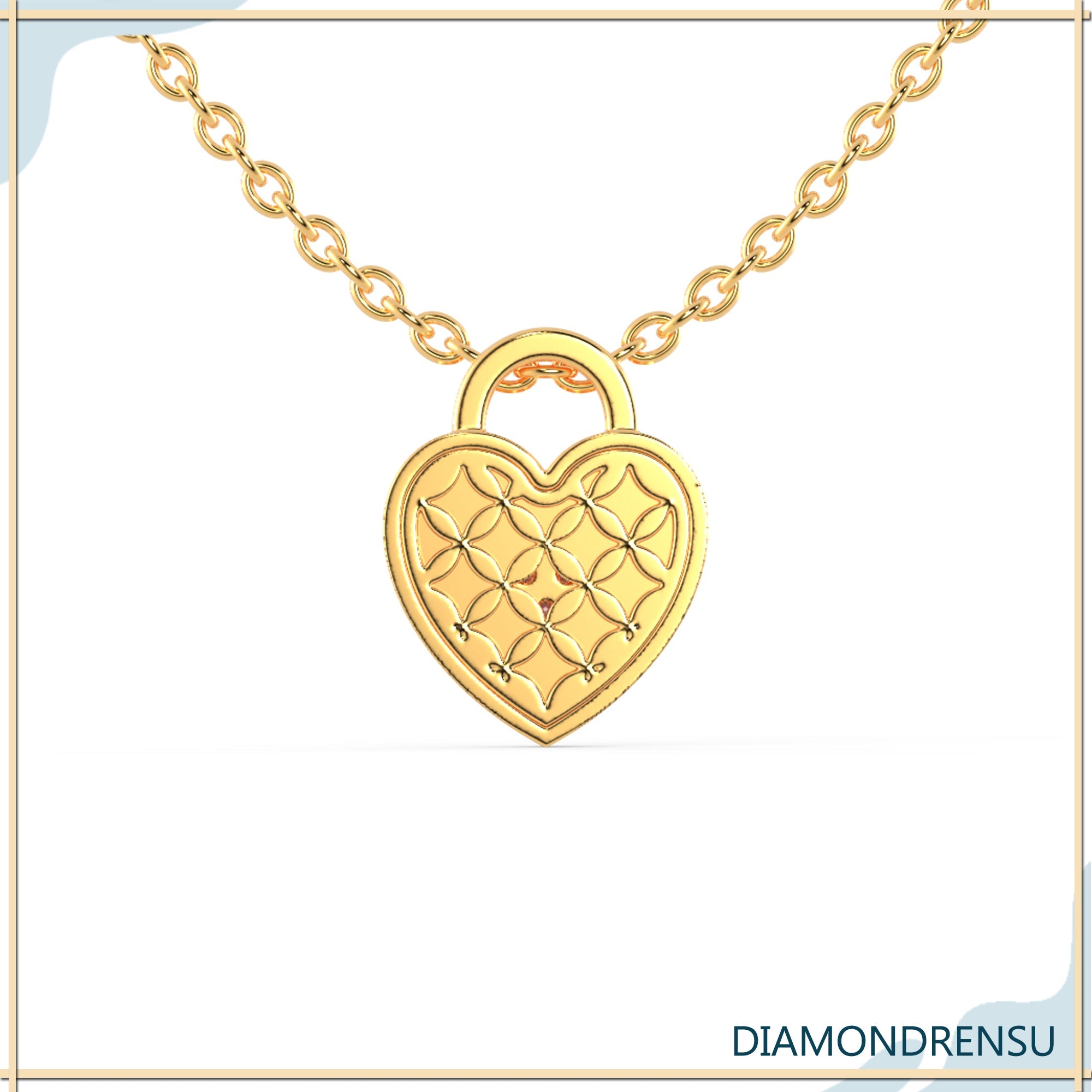 Rose gold heart lock pendant with prong set diamonds.