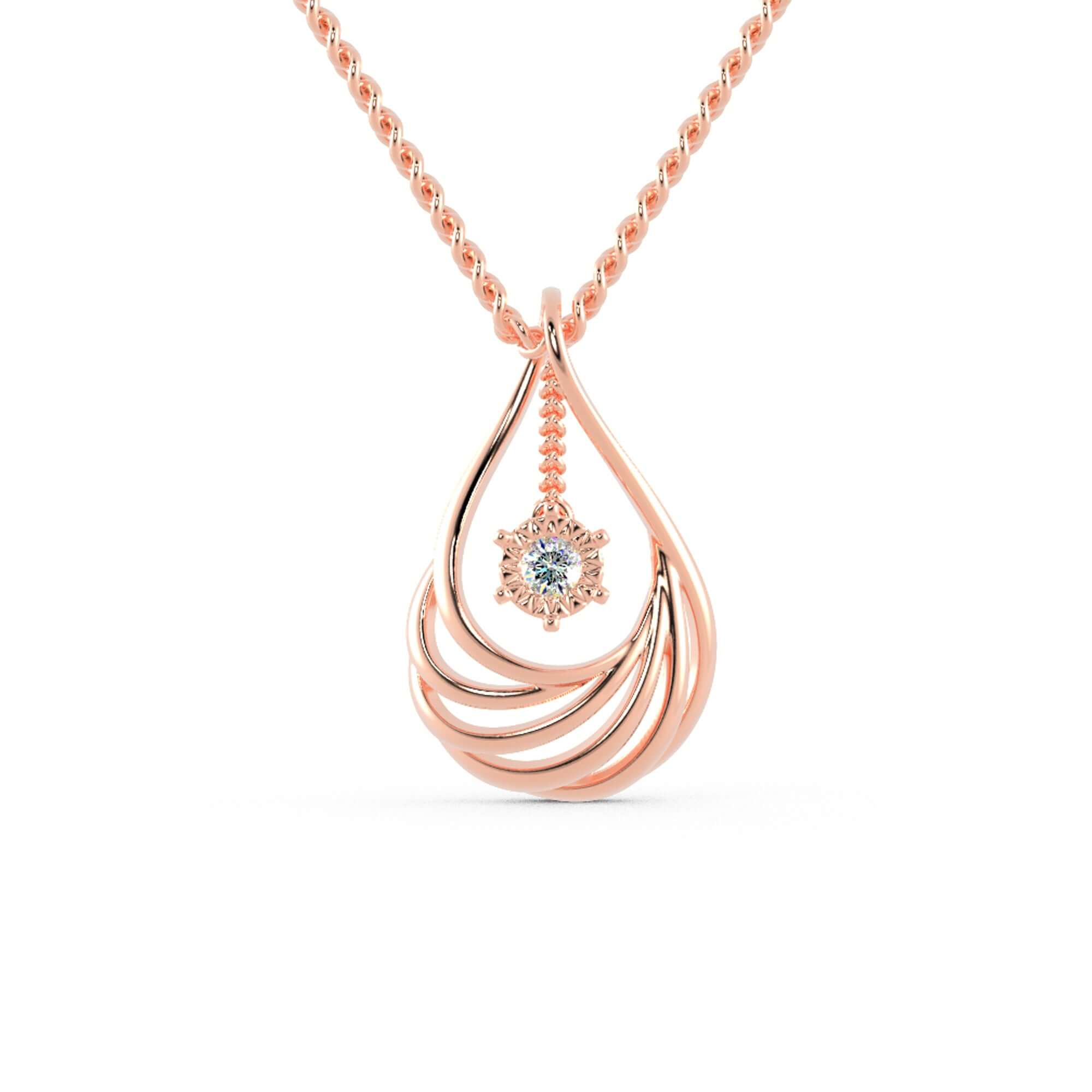 Rose gold sunburst halo pendant with lab grown round diamond.