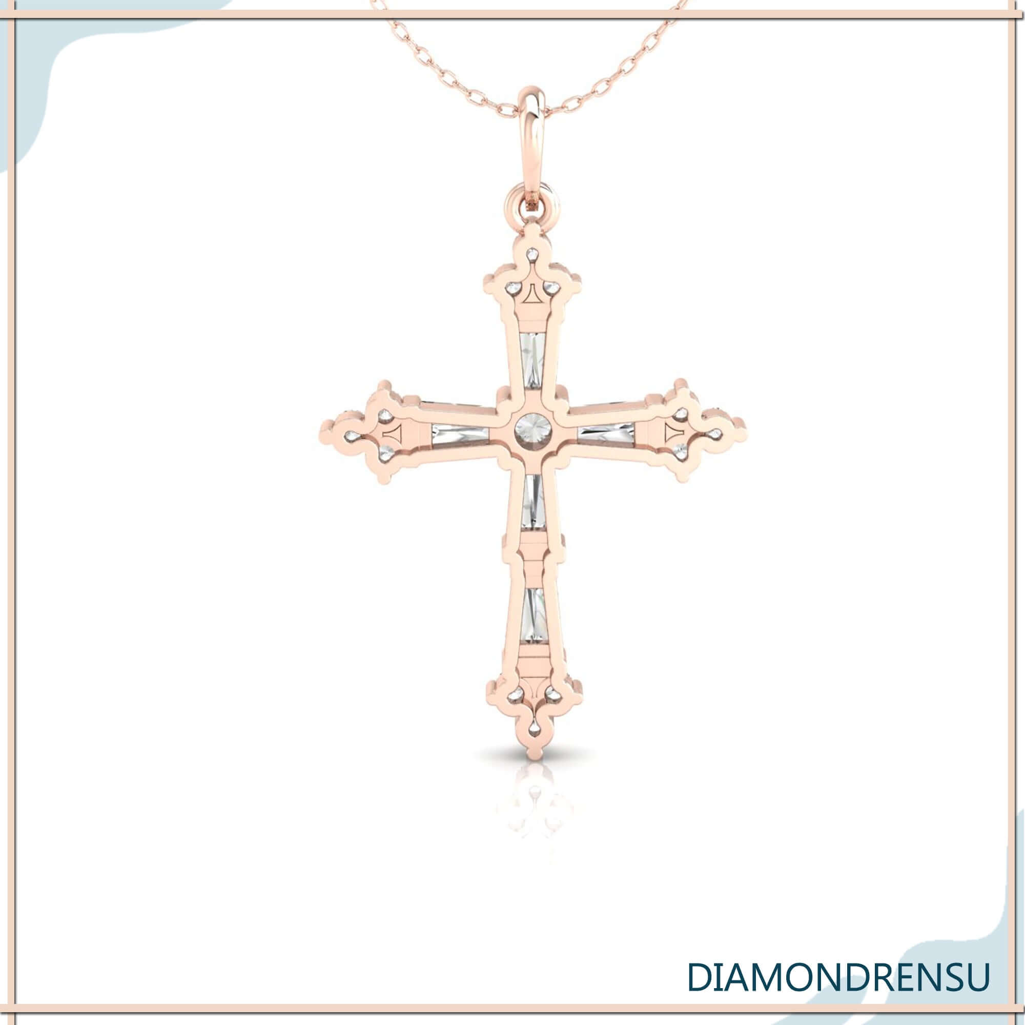 Designer cross pendant in rose gold with bar set detail.