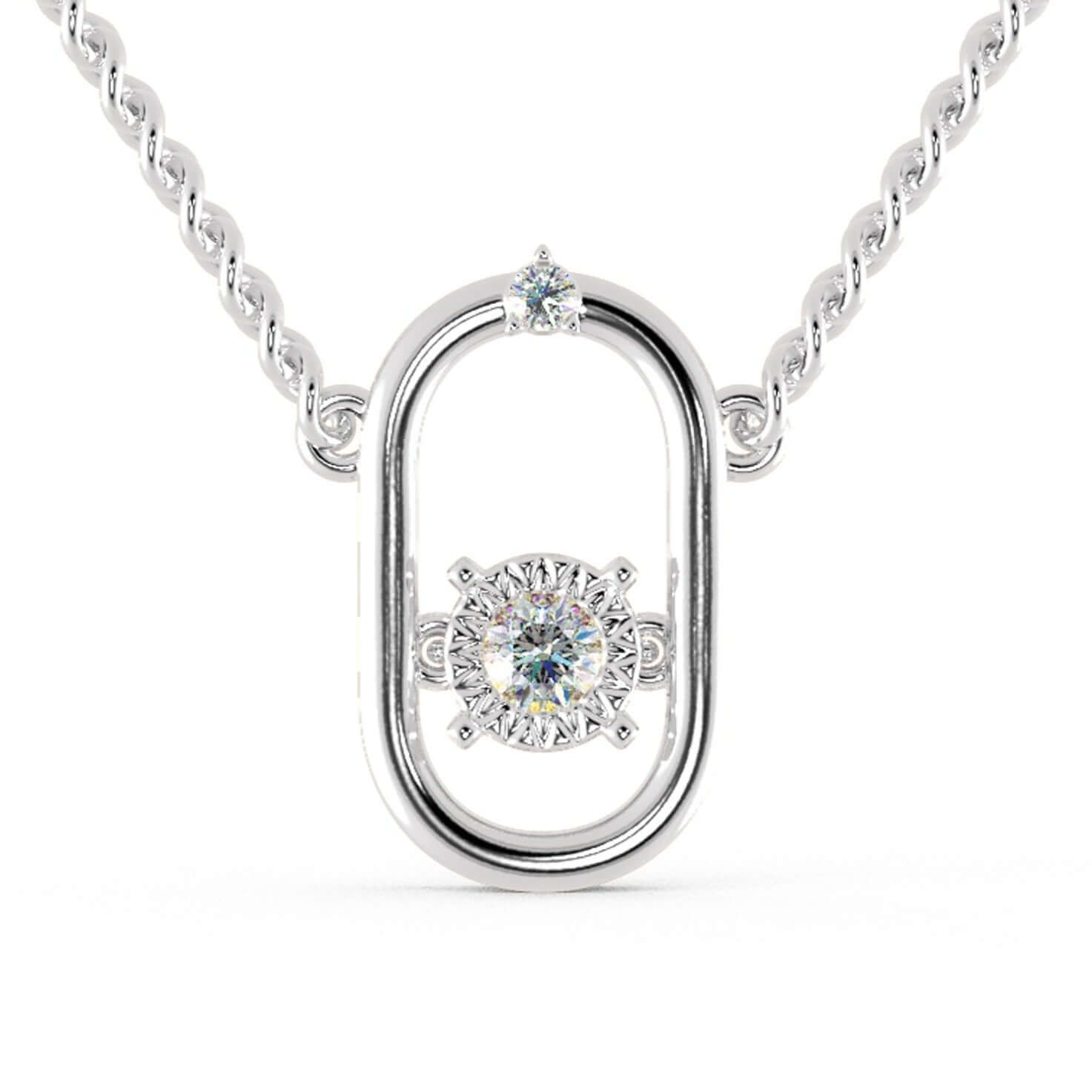 2 stone round cut diamond pendant in oval outline, white gold.