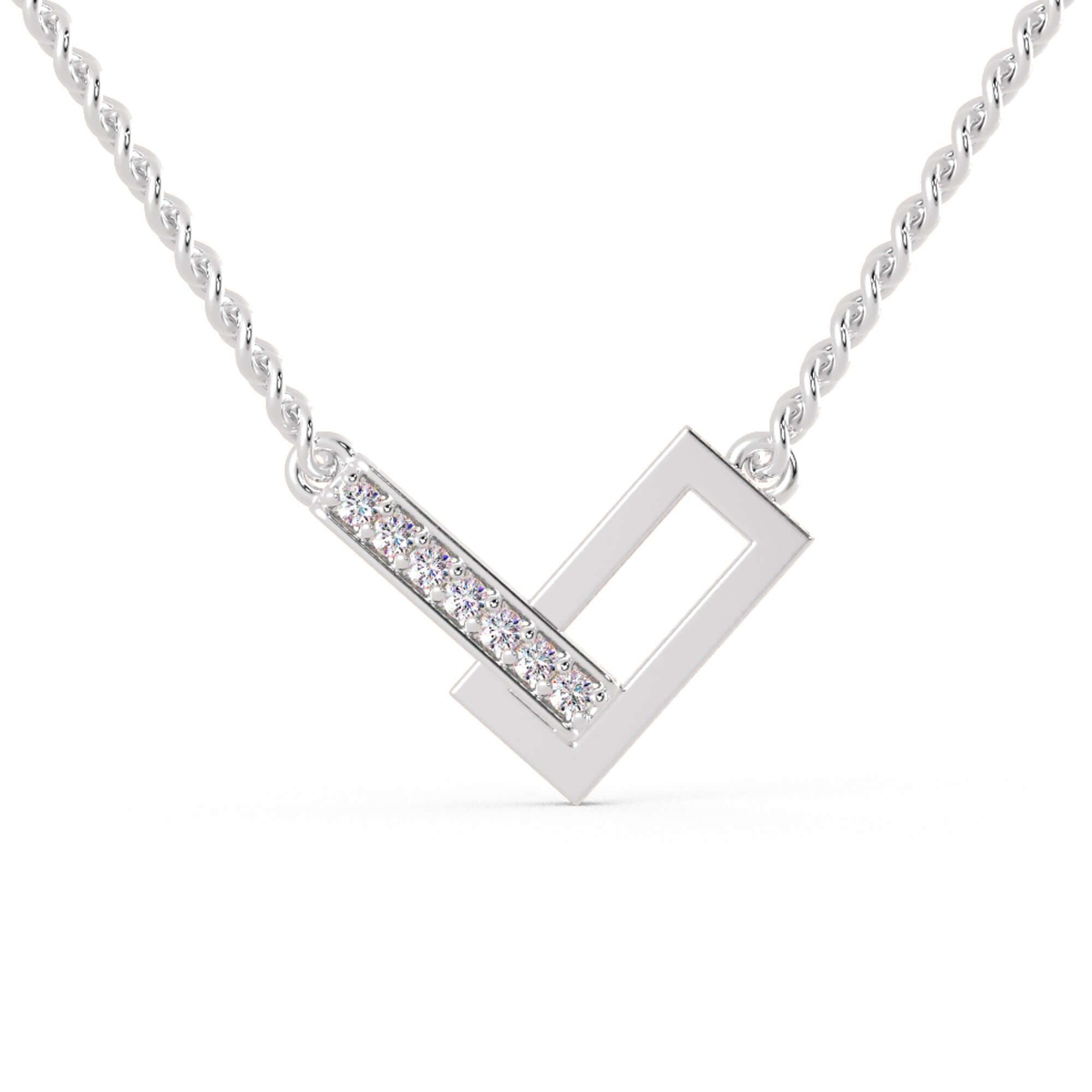 Modern V shape pendant with round brilliant diamond, white gold.