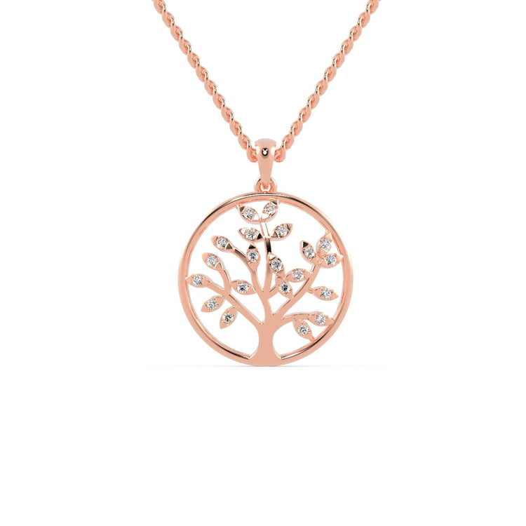 Handmade jewellery pendant with tree of life and round diamond.