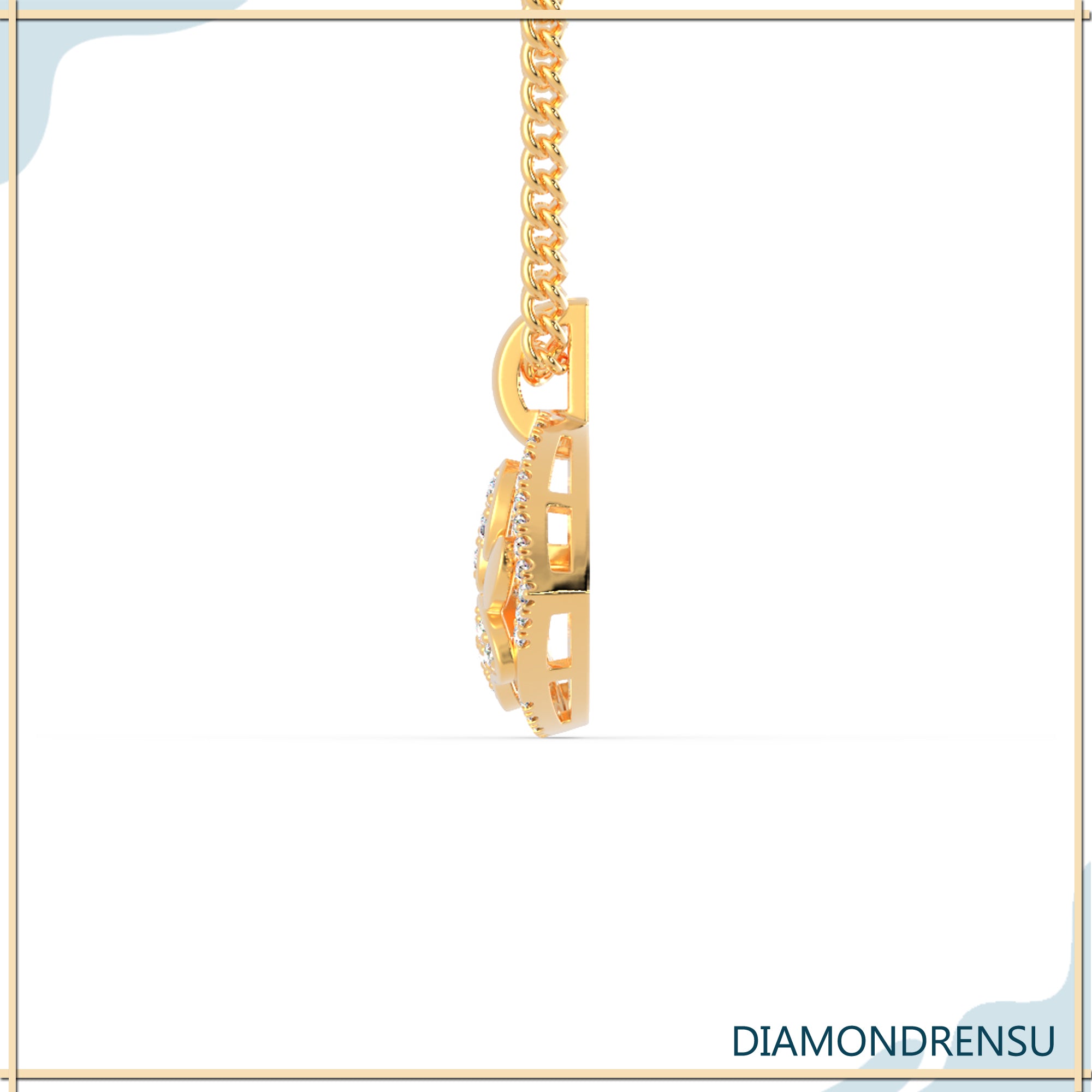 Elegant round diamond pendant in yellow gold heart setting.