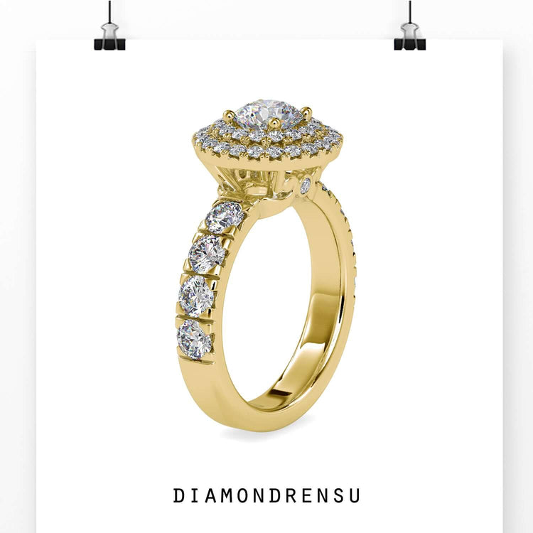 Custom engagement ring with halo round diamond and peekaboo accent.