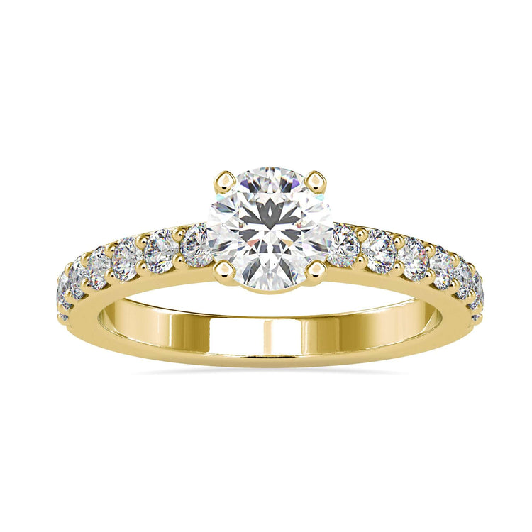 Designer ring with tab prong and pave diamond band.