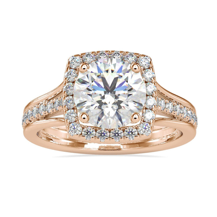 Pave diamond ring with halo and round cut, handmade in the UK.