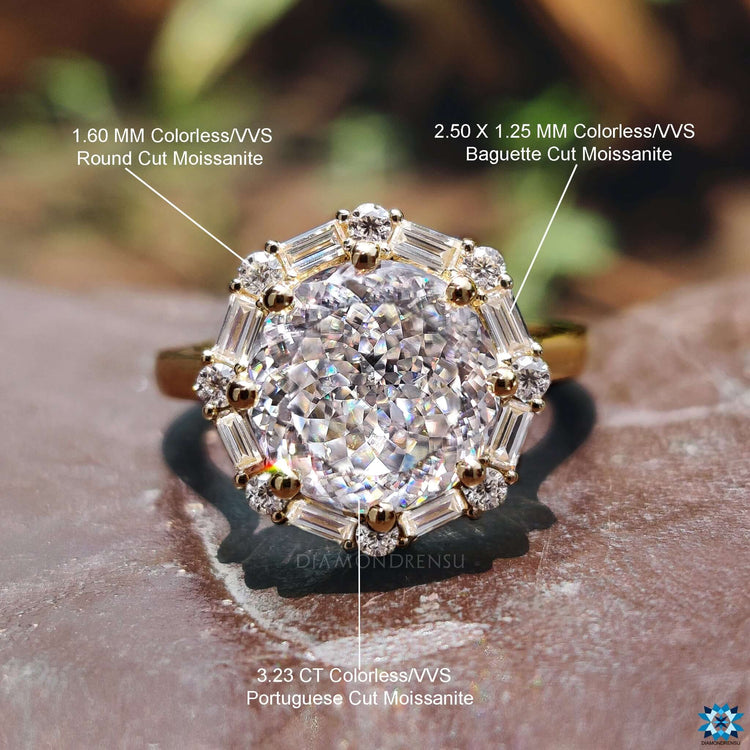 Buy moissanite ring in vintage halo style.