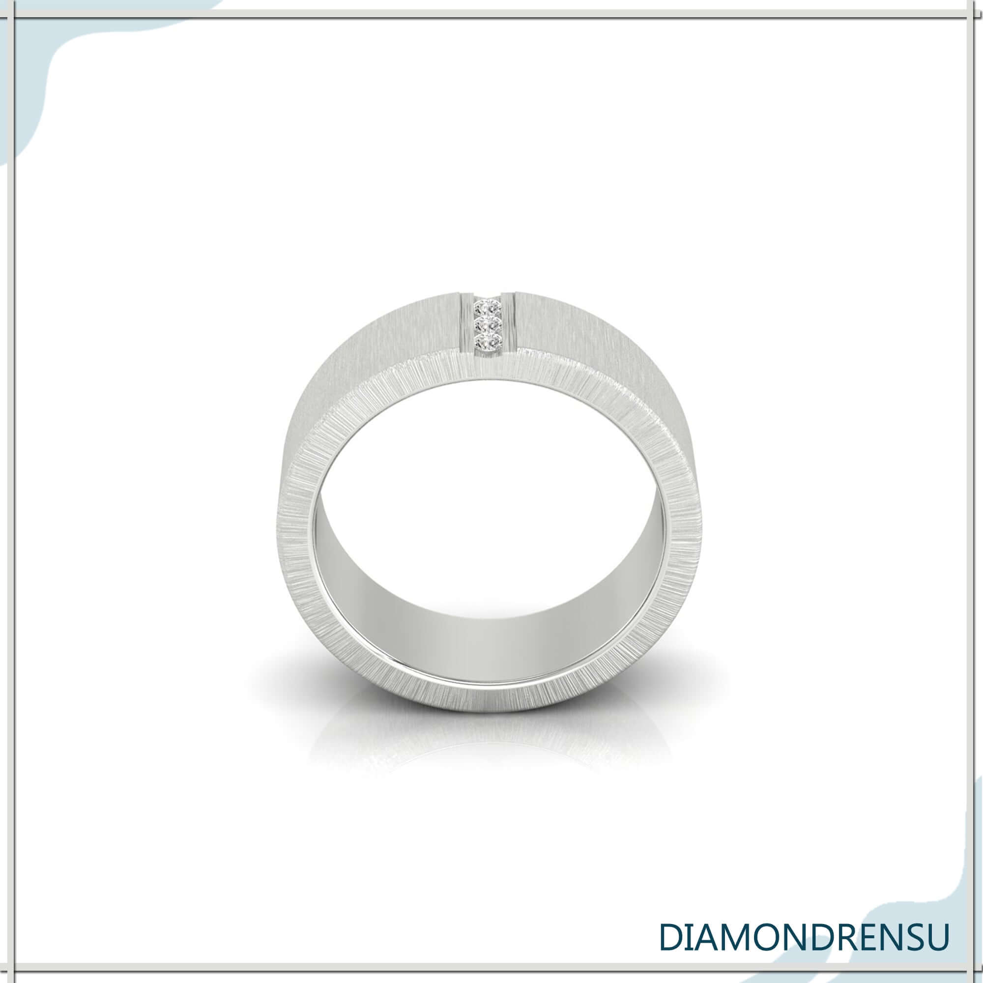 Buy mens wedding ring with brushed finish and three stone diamond wedding band.