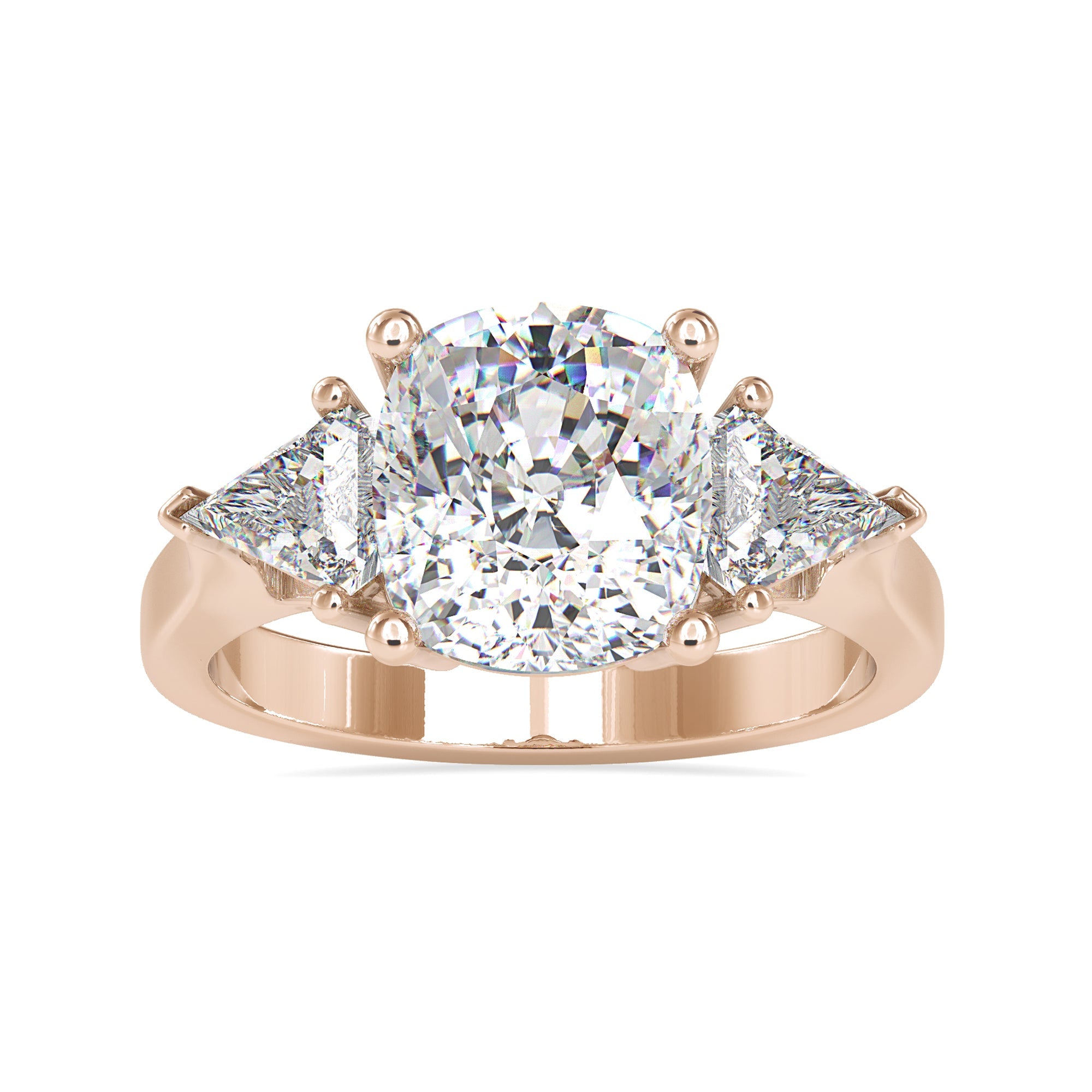 Rose gold engagement ring with cushion centre and custom setting.