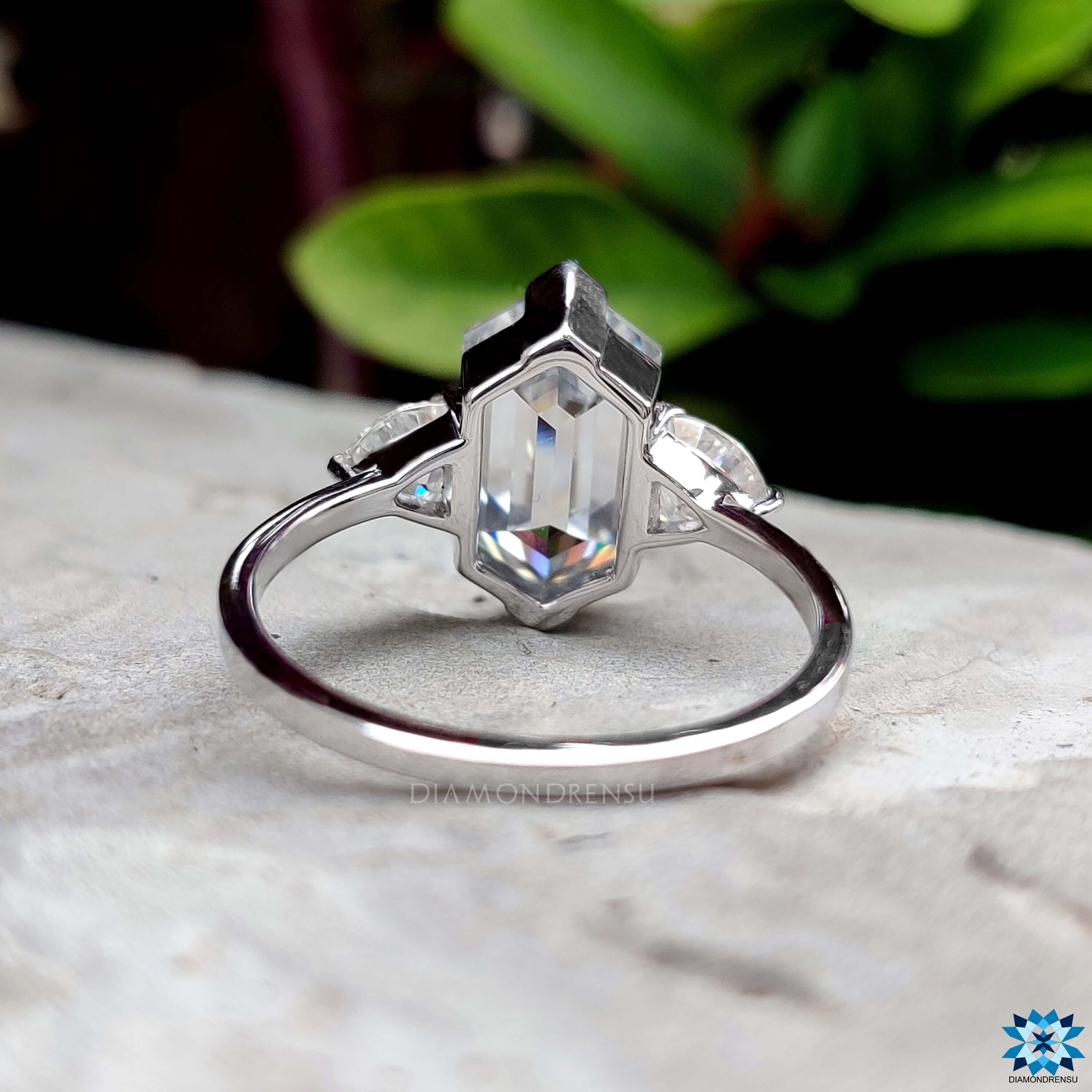 Buy moissanite hexagon engagement ring with three stones.