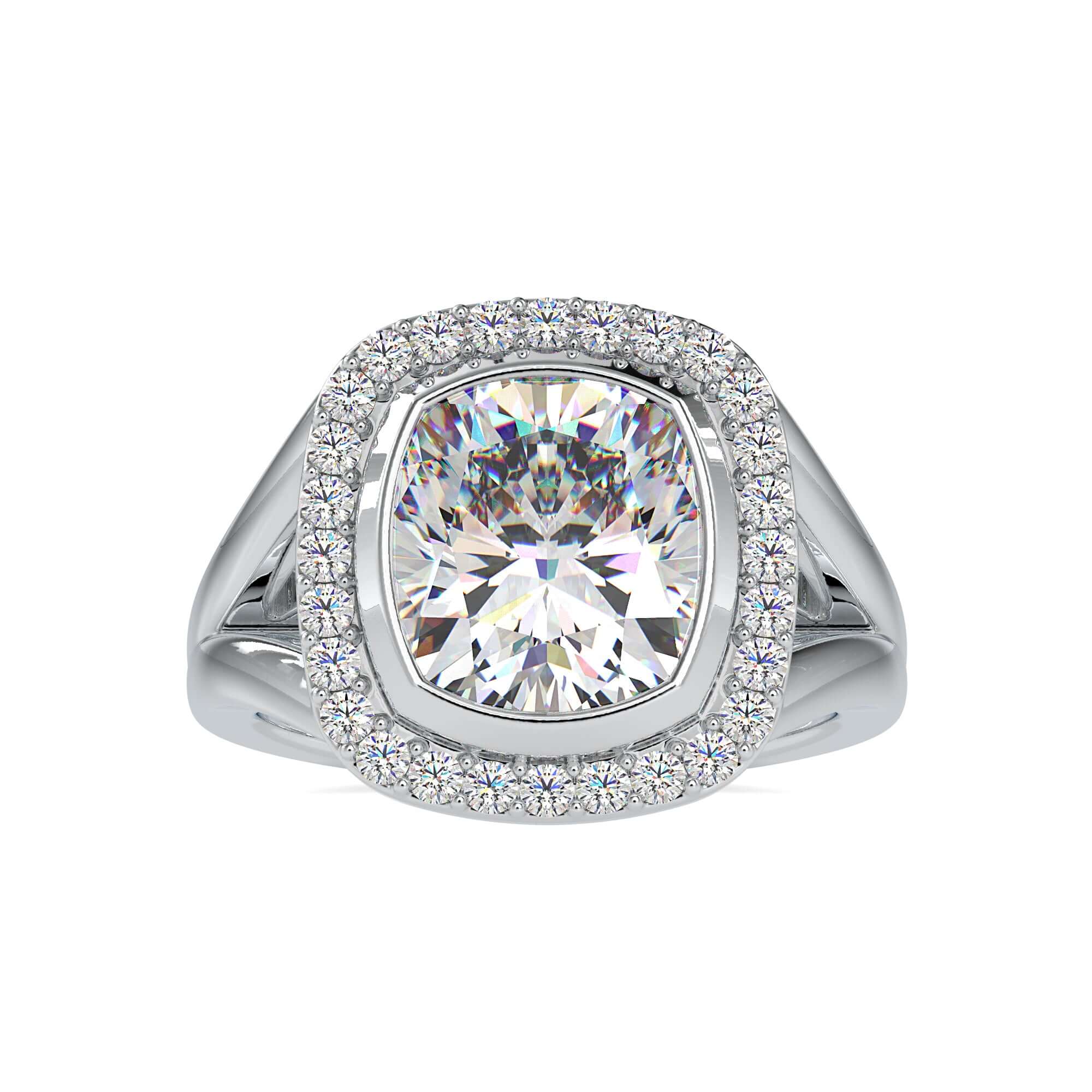 White gold ring with cushion cut lab grown diamond.