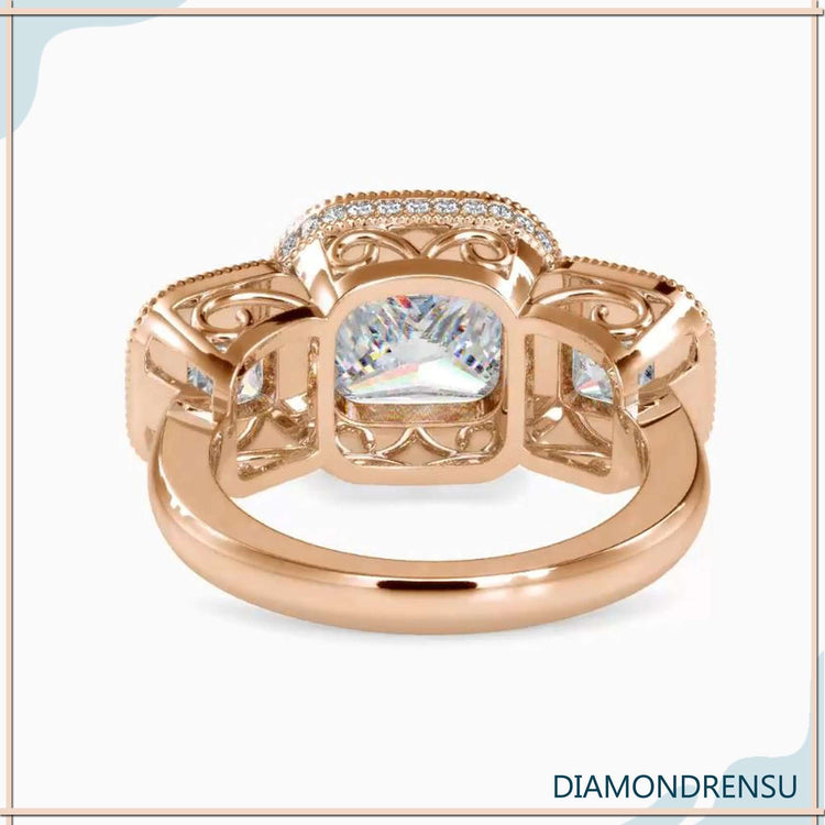 Custom engagement ring featuring hidden halo and princess cut.