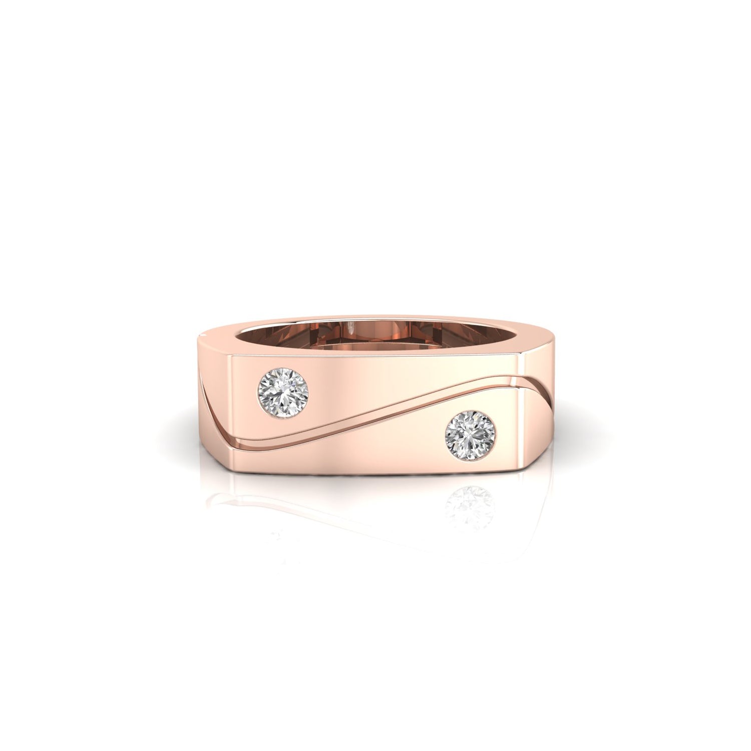 Sterling gold wave ring UK with 2 round cut diamond men's wedding band.