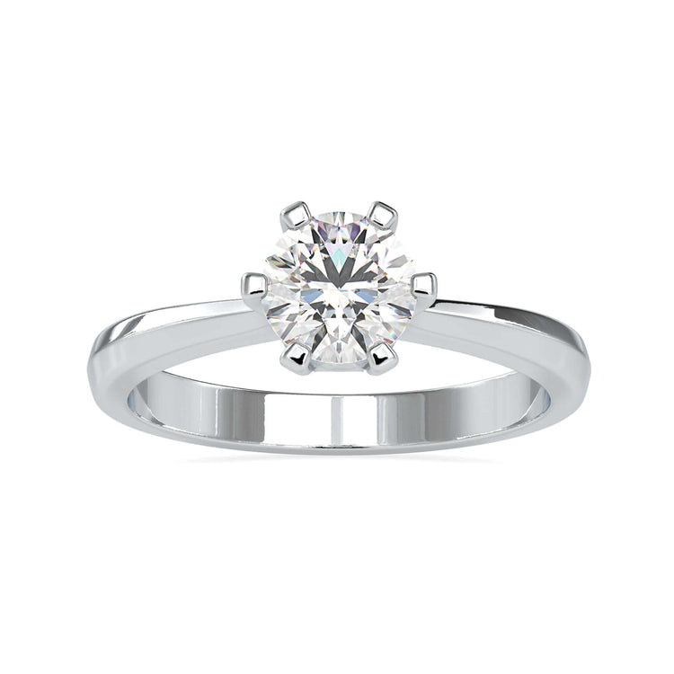Solitaire lab diamond ring with six prong setting in white gold.