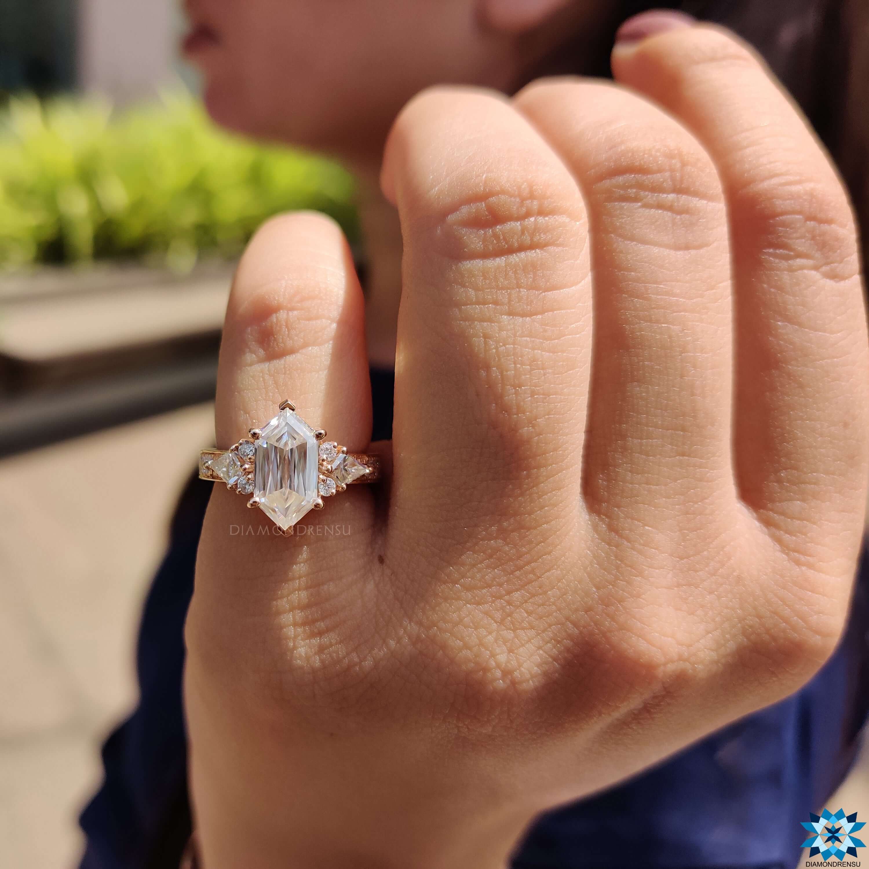 Custom engagement ring with hexagon Criss cut moissanite.