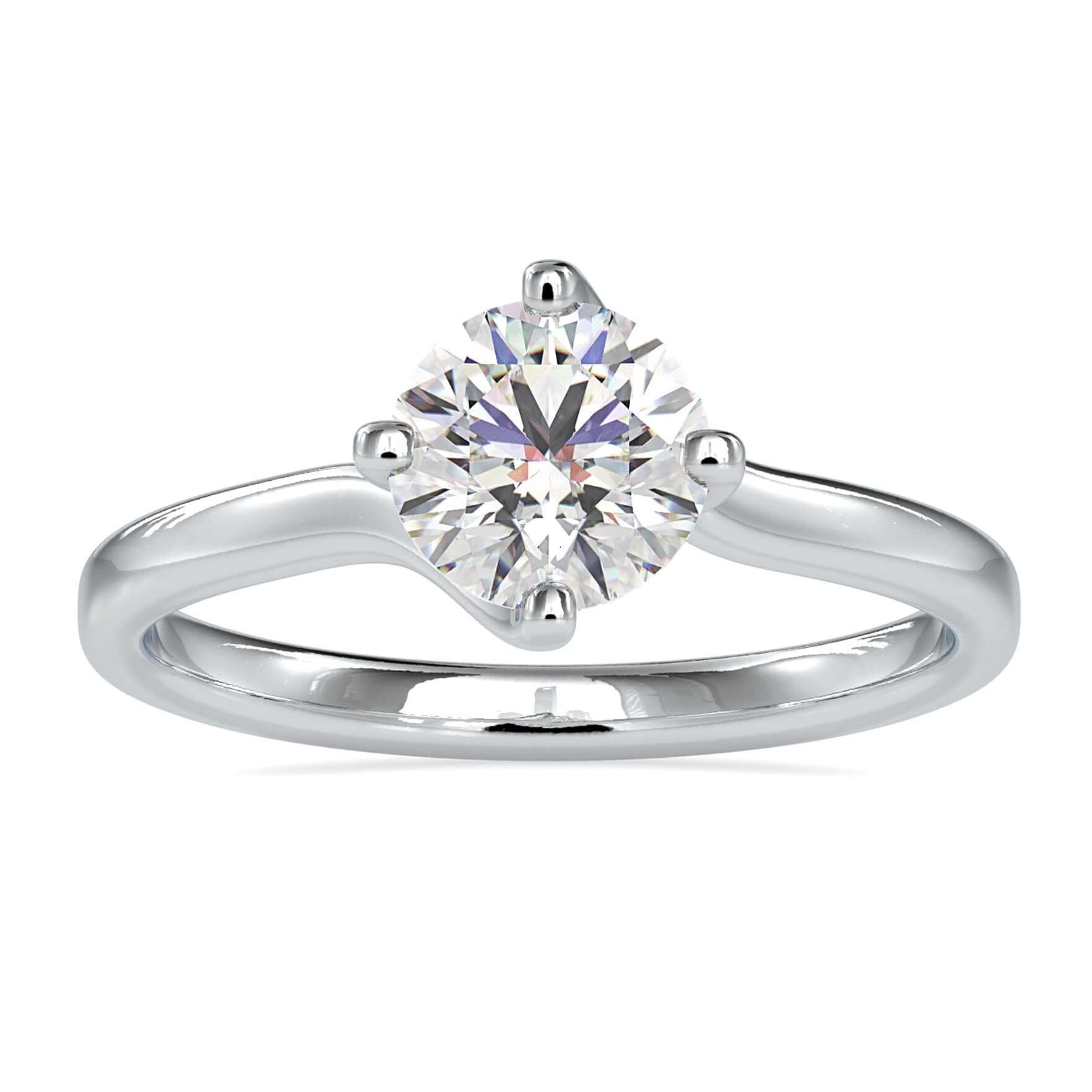Bypass diamond ring with round solitaire centre stone.
