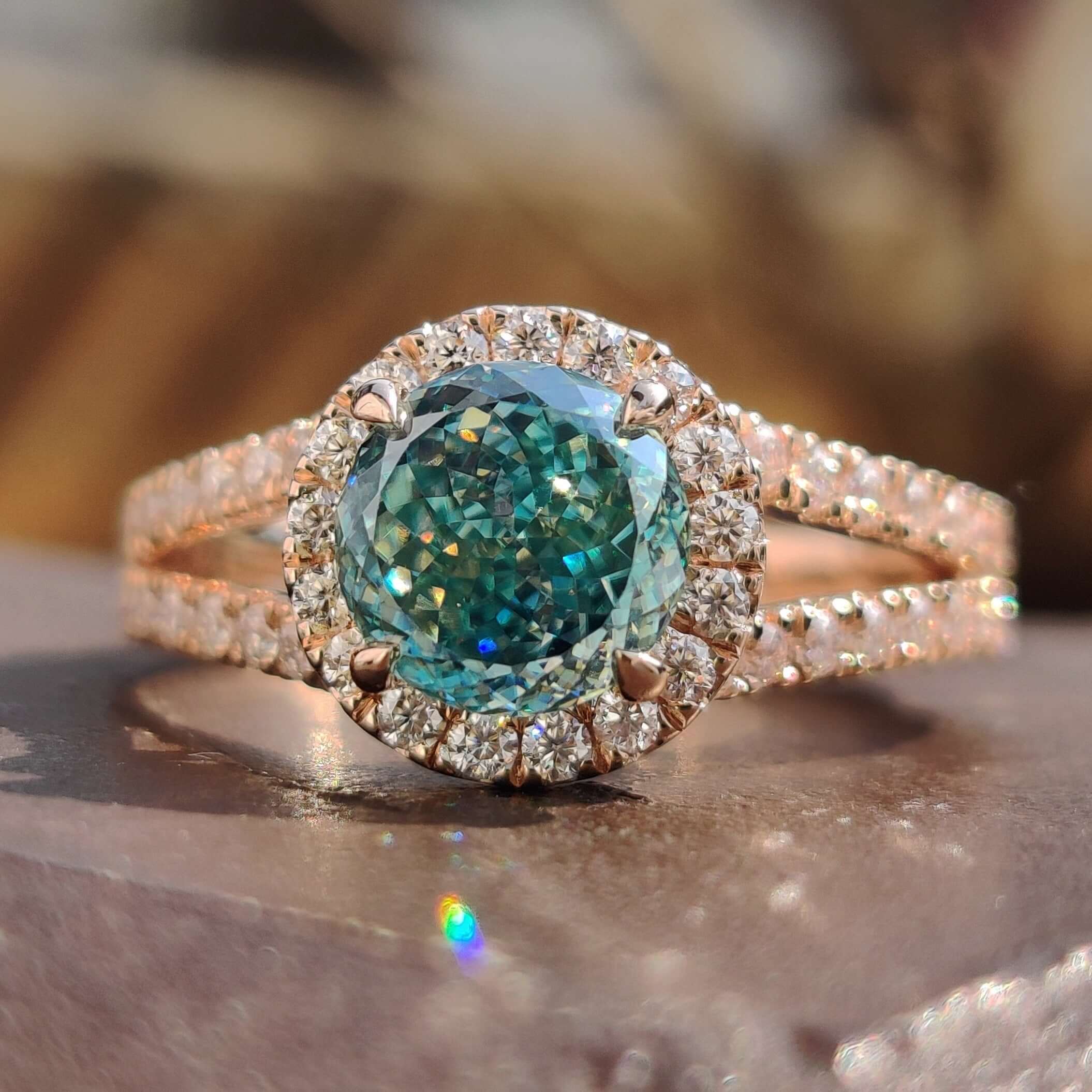Portuguese cut moissanite ring with halo.
