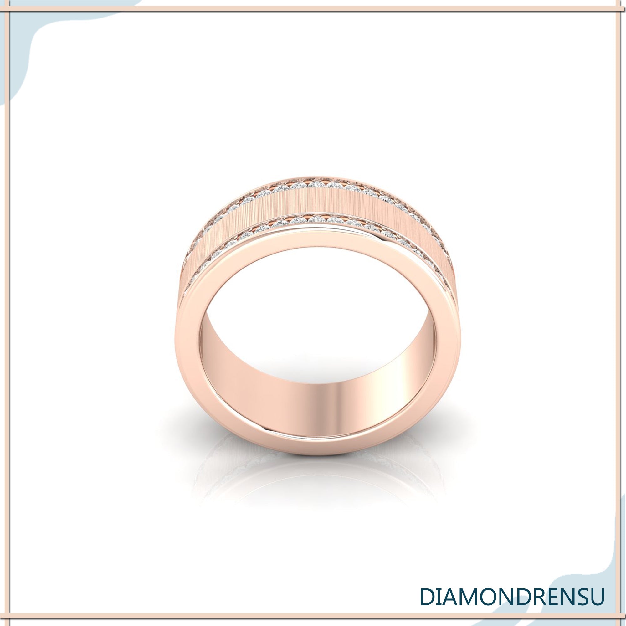 Mens satin finish wedding band with white gold design.