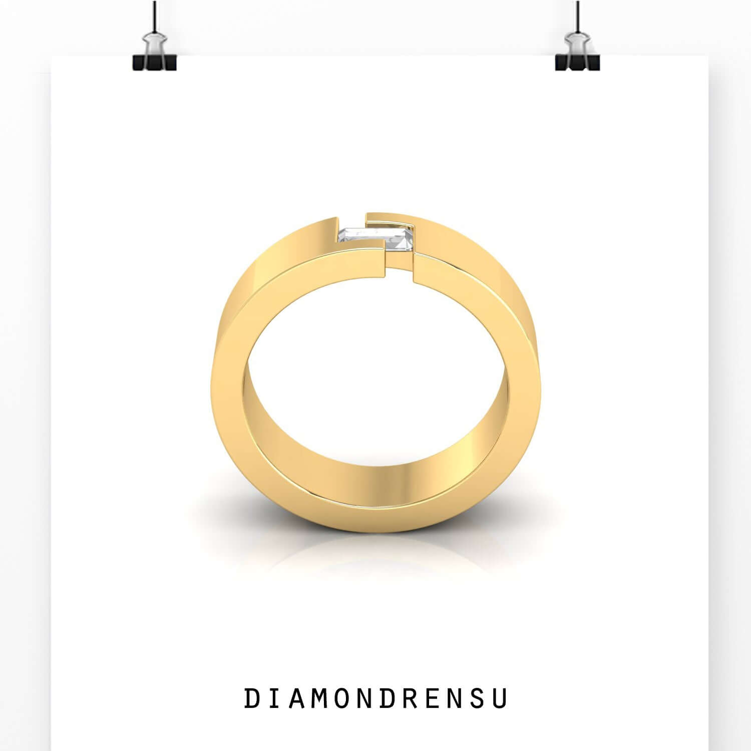 Yellow gold men's wedding band with baguette diamond detail.