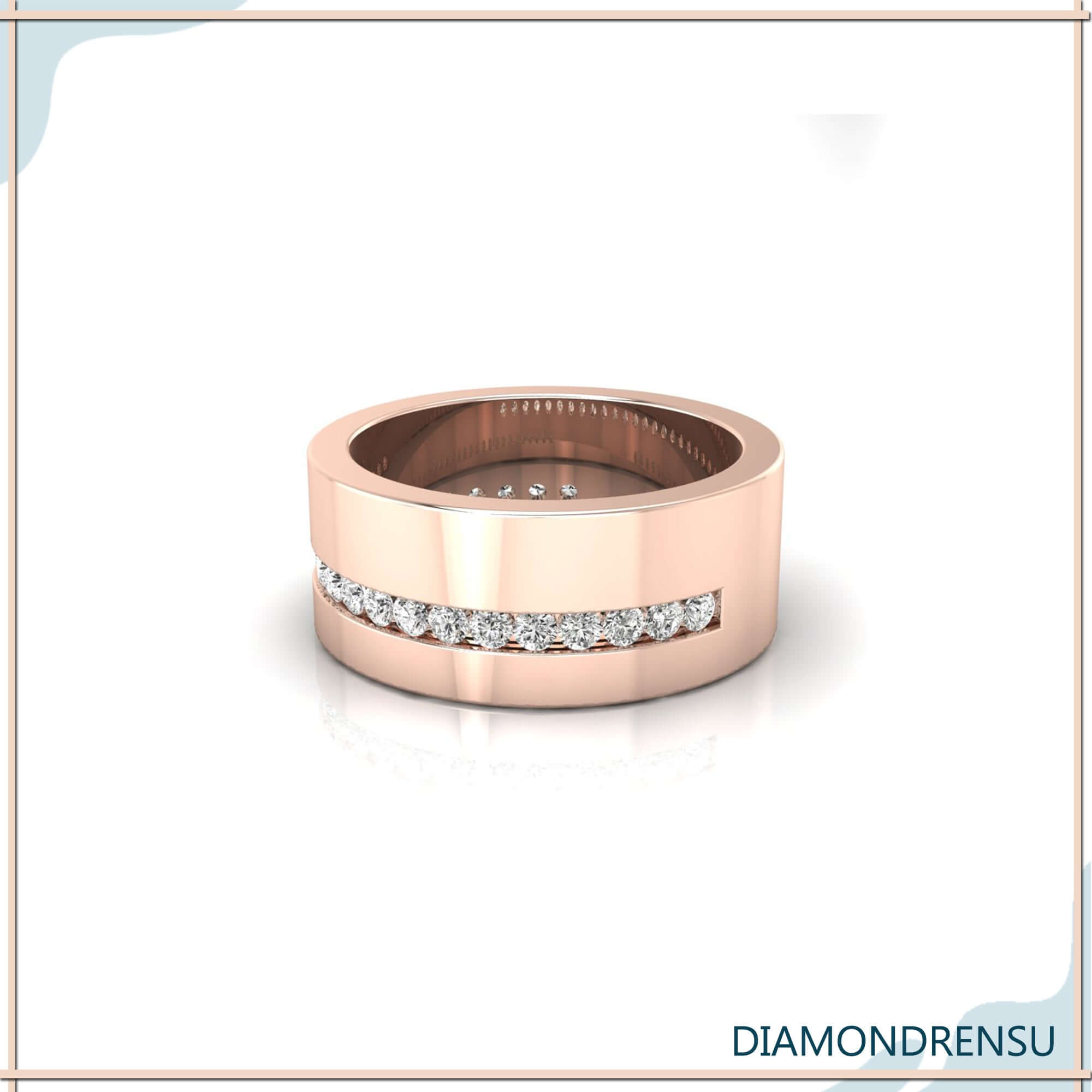 White gold mens wedding band with channel wedding band and round cut diamond.