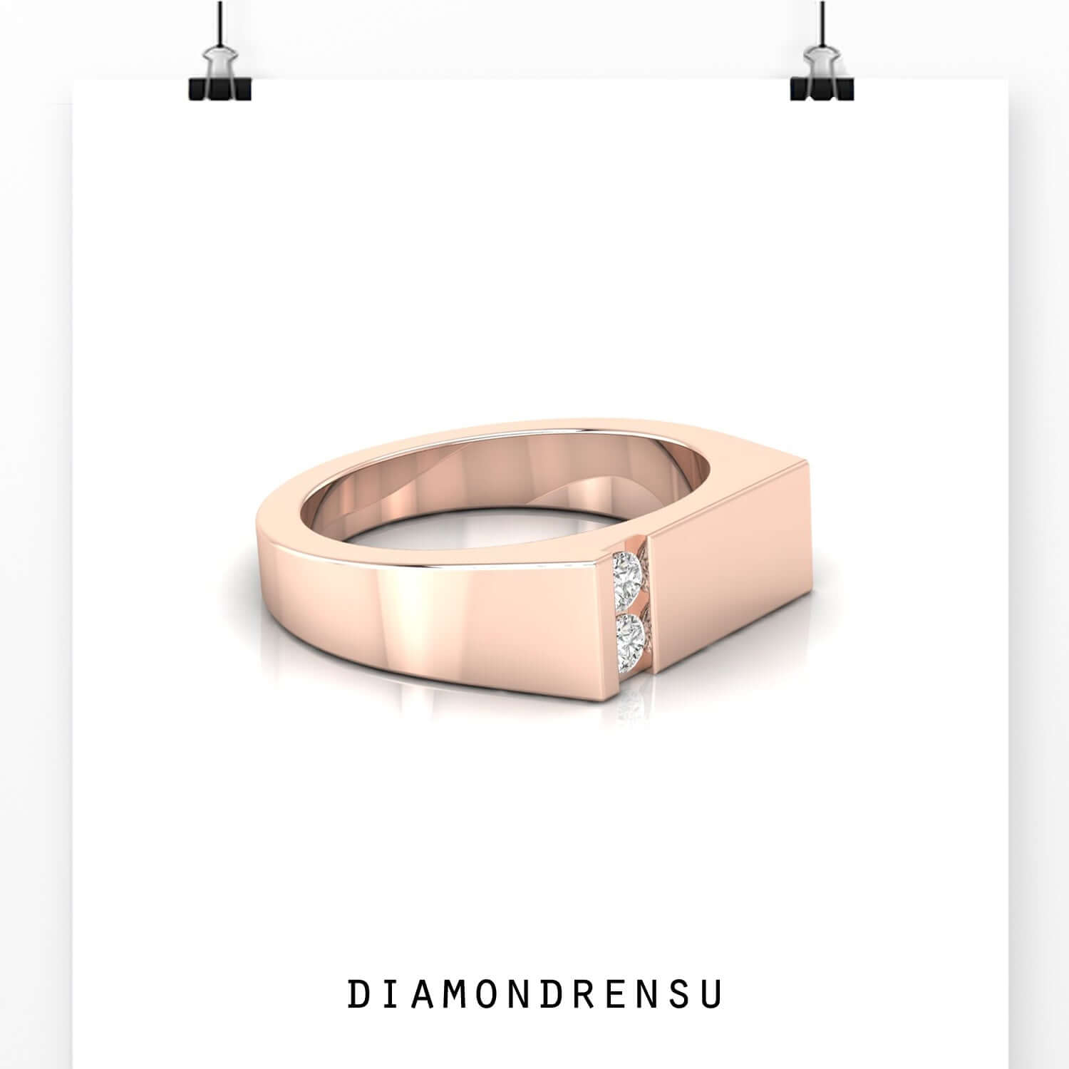 Polished finish band in yellow gold with two round diamonds.