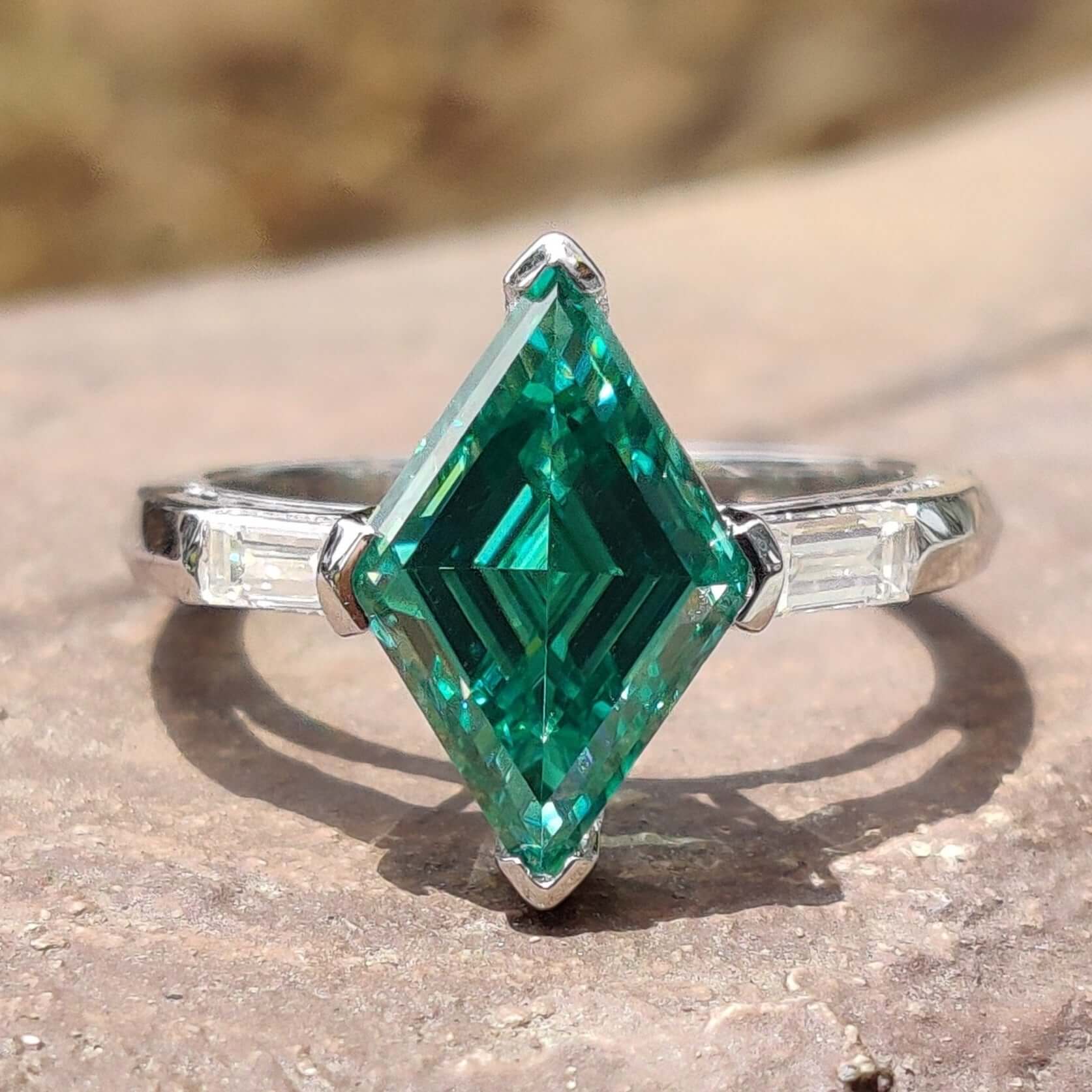 Three Stone Engagement Ring Lozenge Dark Green