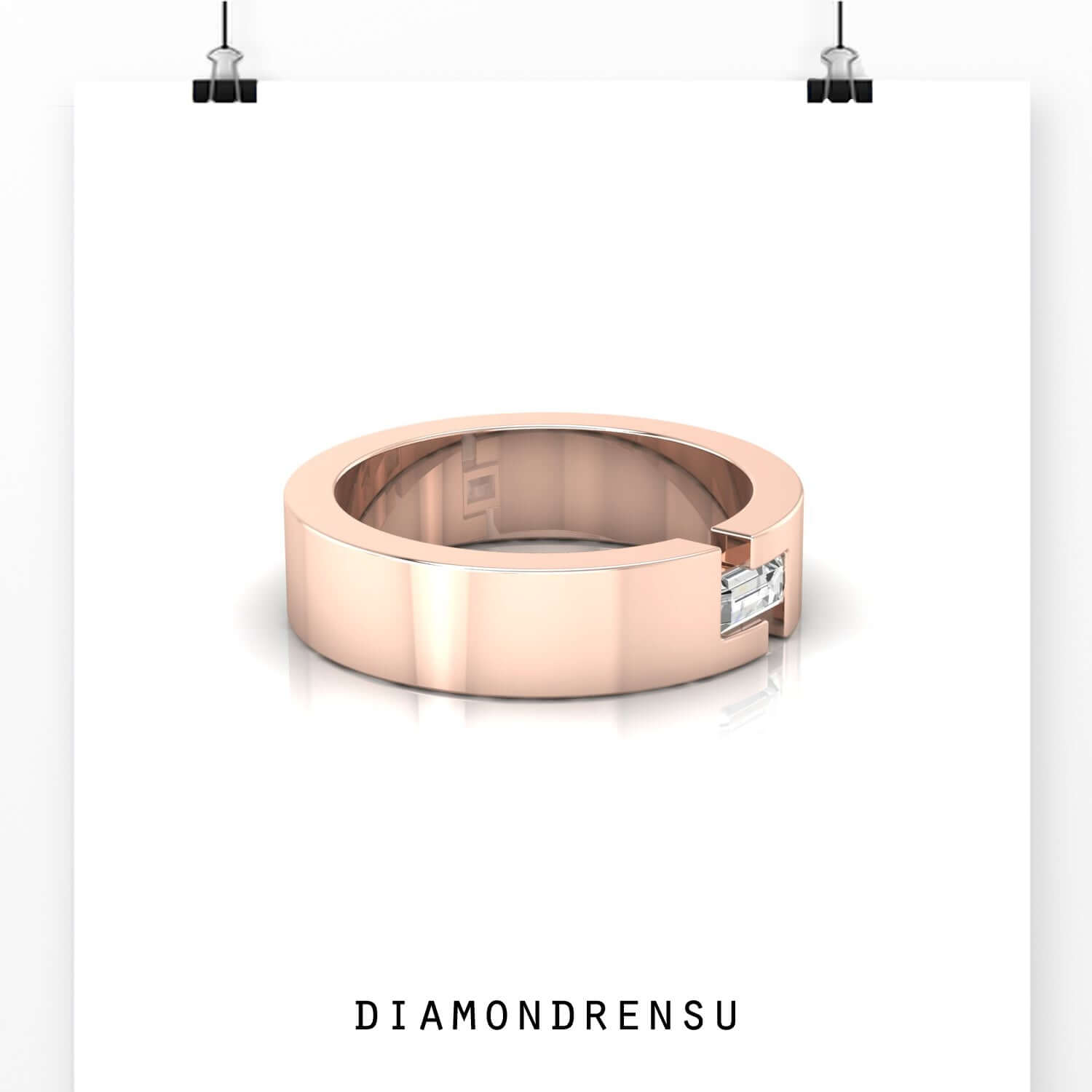 Single baguette cut diamond in minimalist diamond wedding ring style.