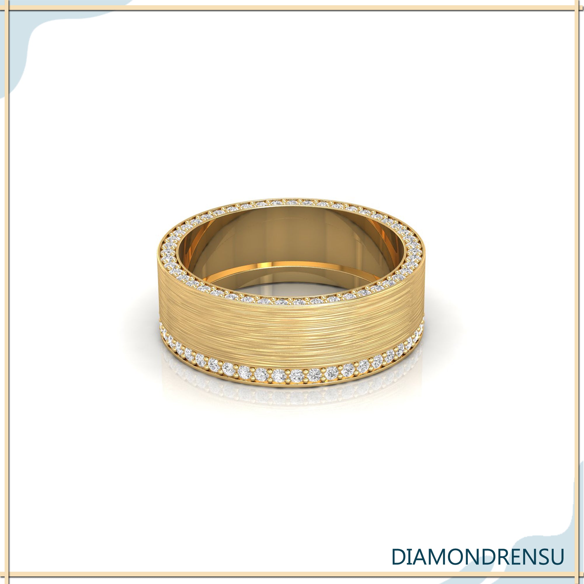Yellow gold brushed finish band with round cut diamond.