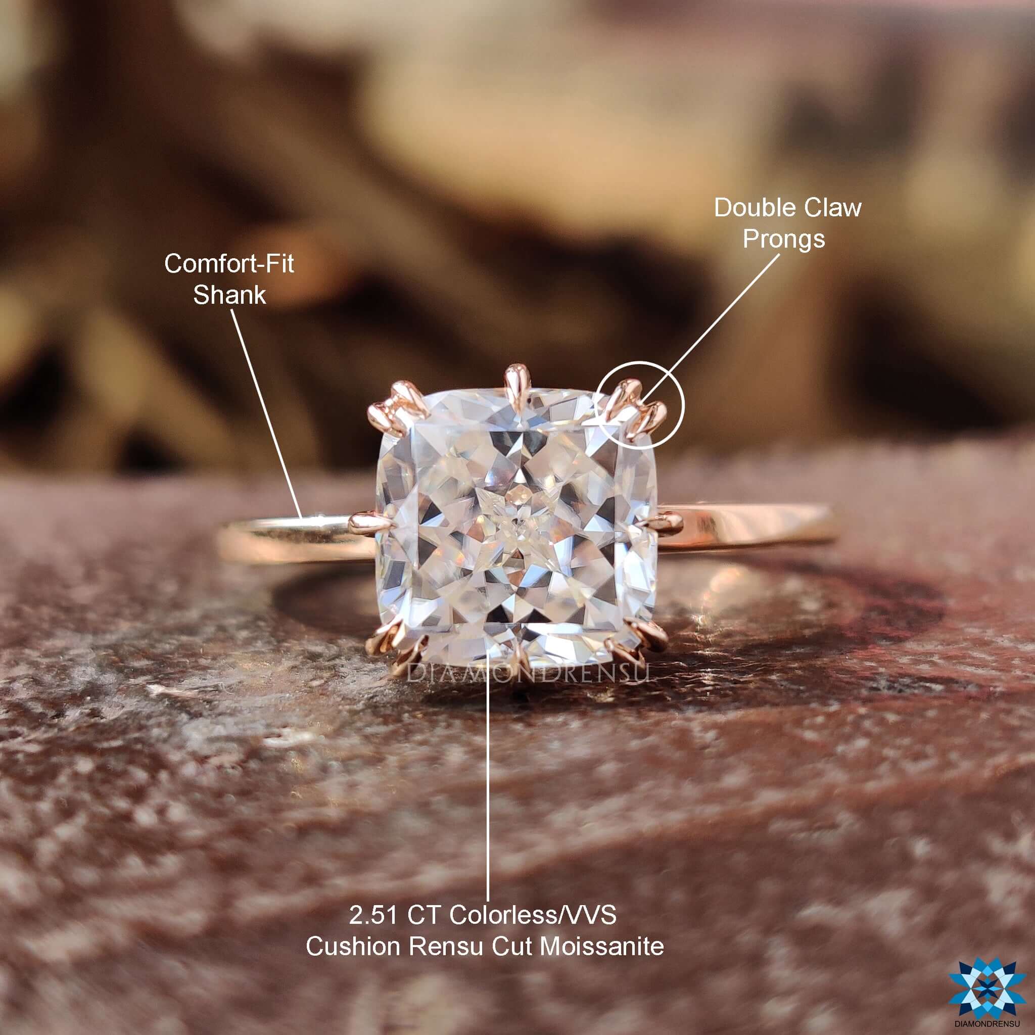 Elegant rose gold ring with cushion cut center stone.