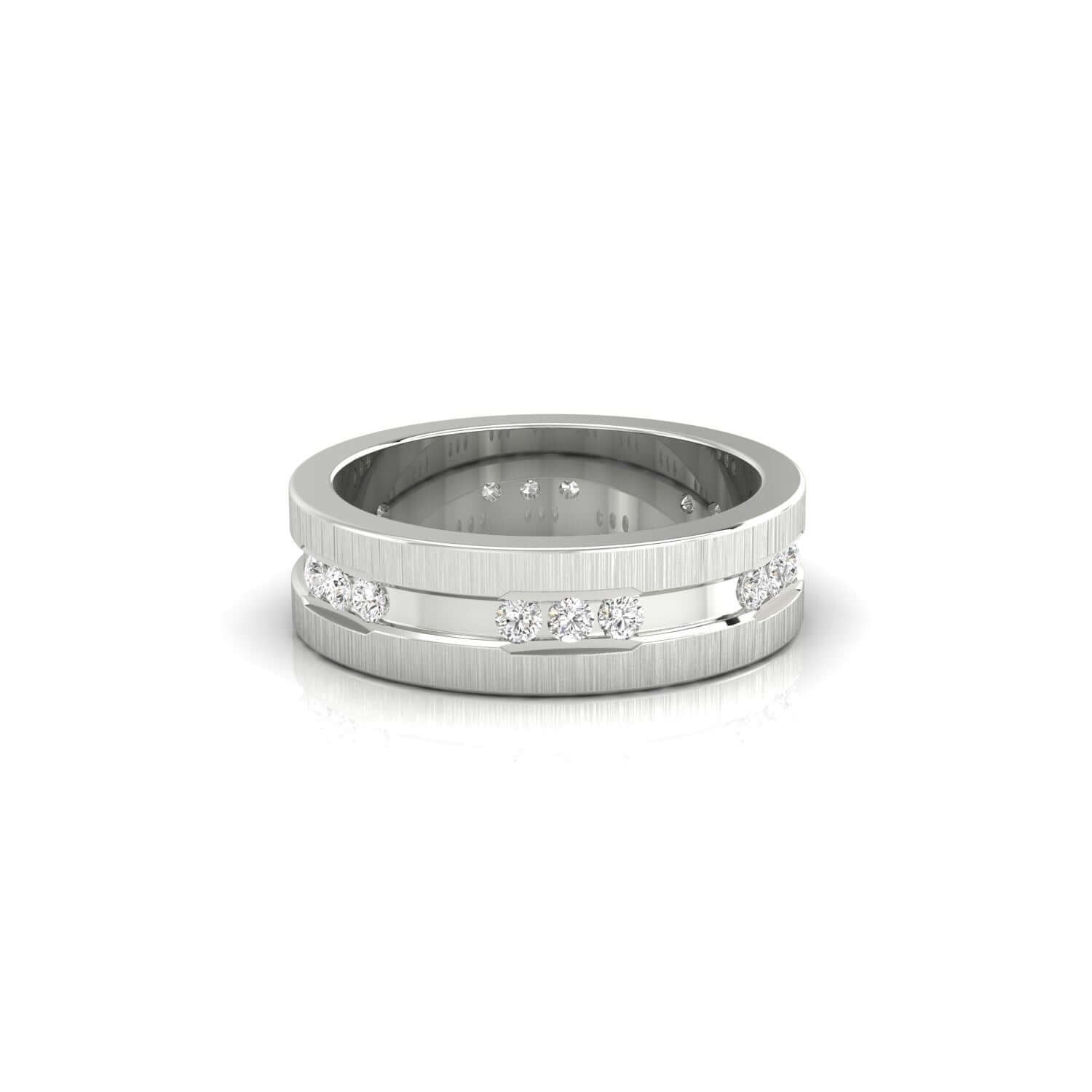 Mens channel set wedding band with three lab grown diamond band.