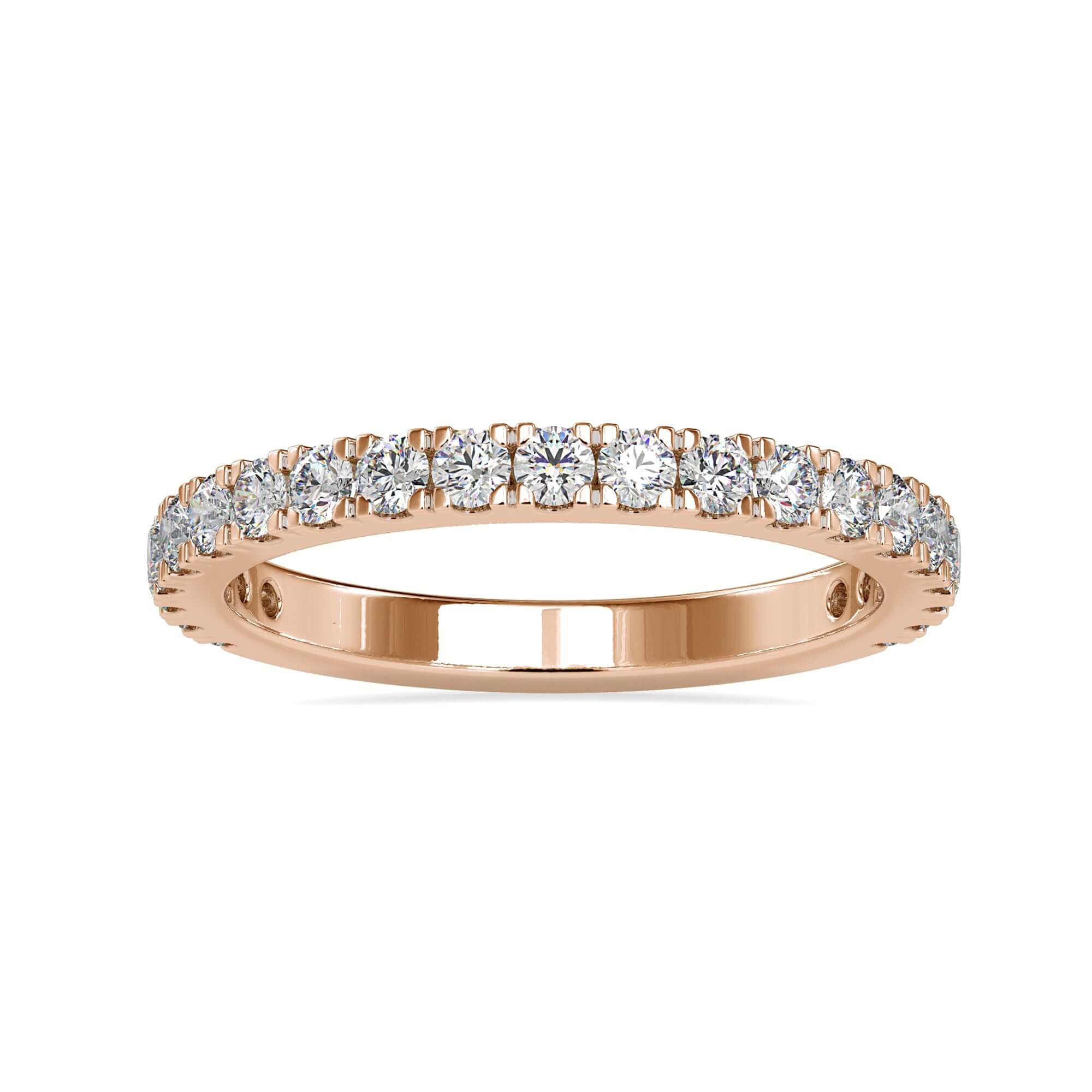 Rose gold 3/4 eternity band with prong set diamonds.