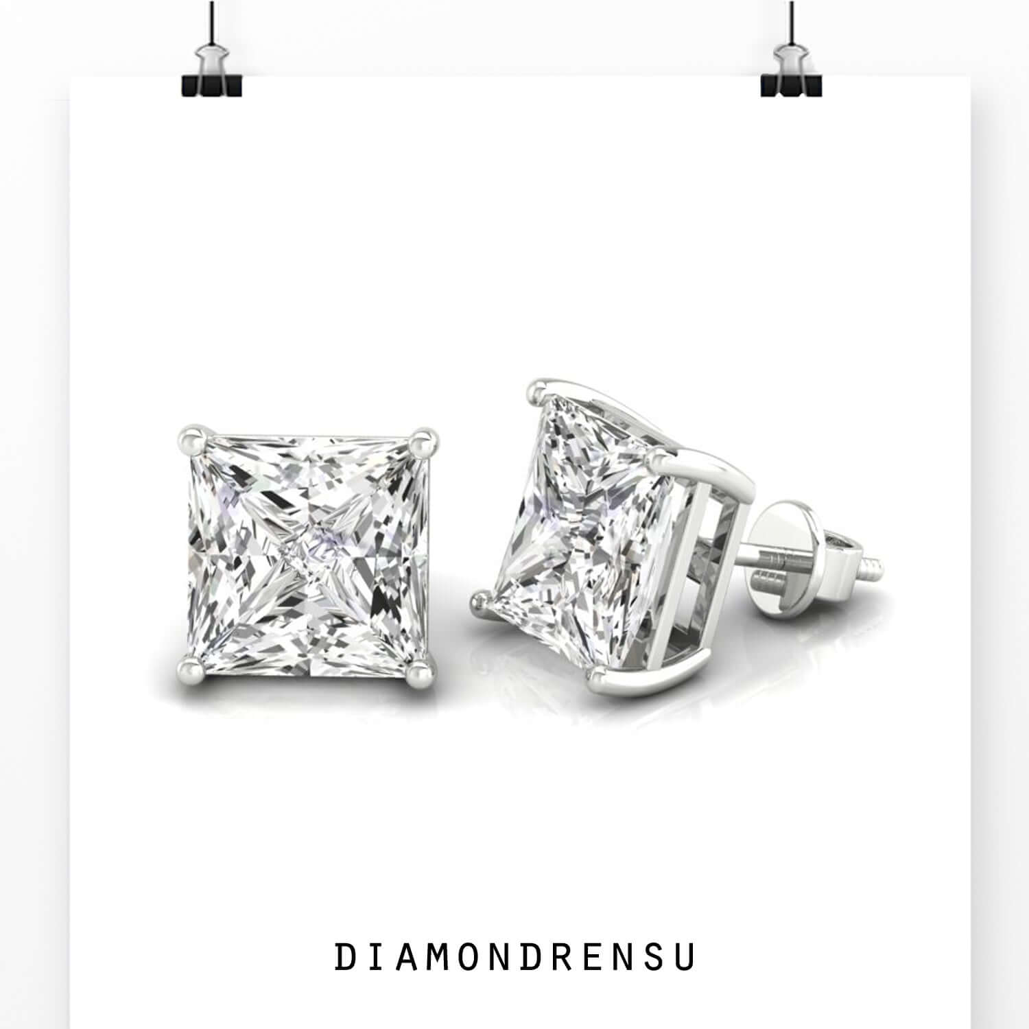 Elegant princess cut diamond stud earrings with gold prong setting.