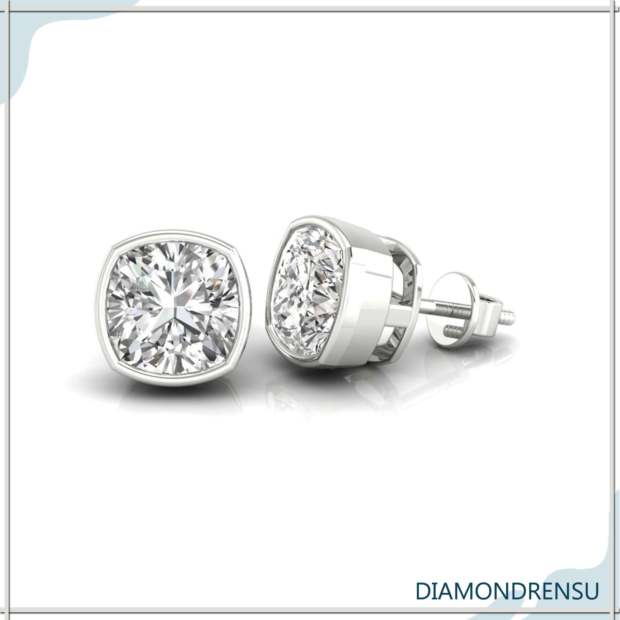 Diamond stud earrings with cushion cut stones in rose gold bezel.