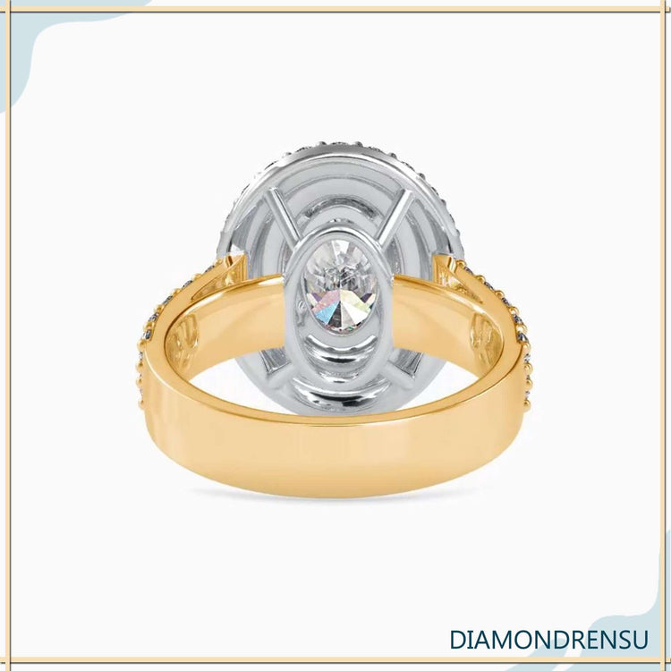 Yellow gold double halo ring with round pave band design.