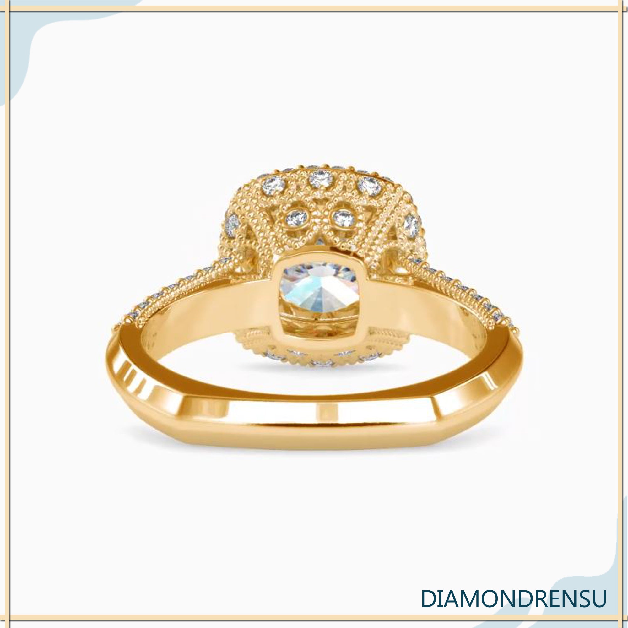 White gold ring with double halo and pave side stones.