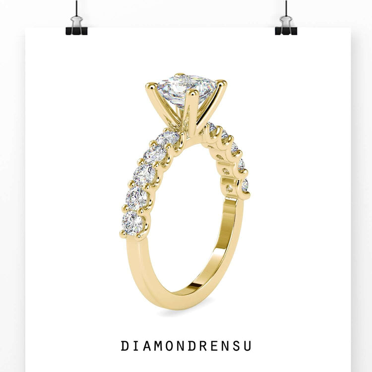 Round diamond pave band ring with princess cut centre stone.