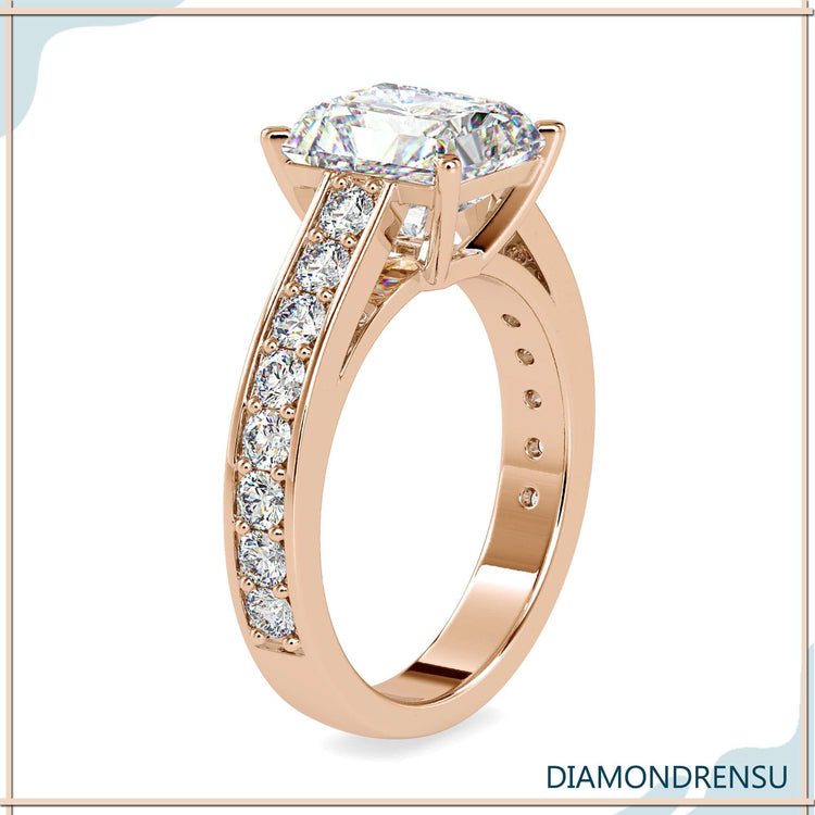 Rose gold ring with radiant cut lab grown diamond.