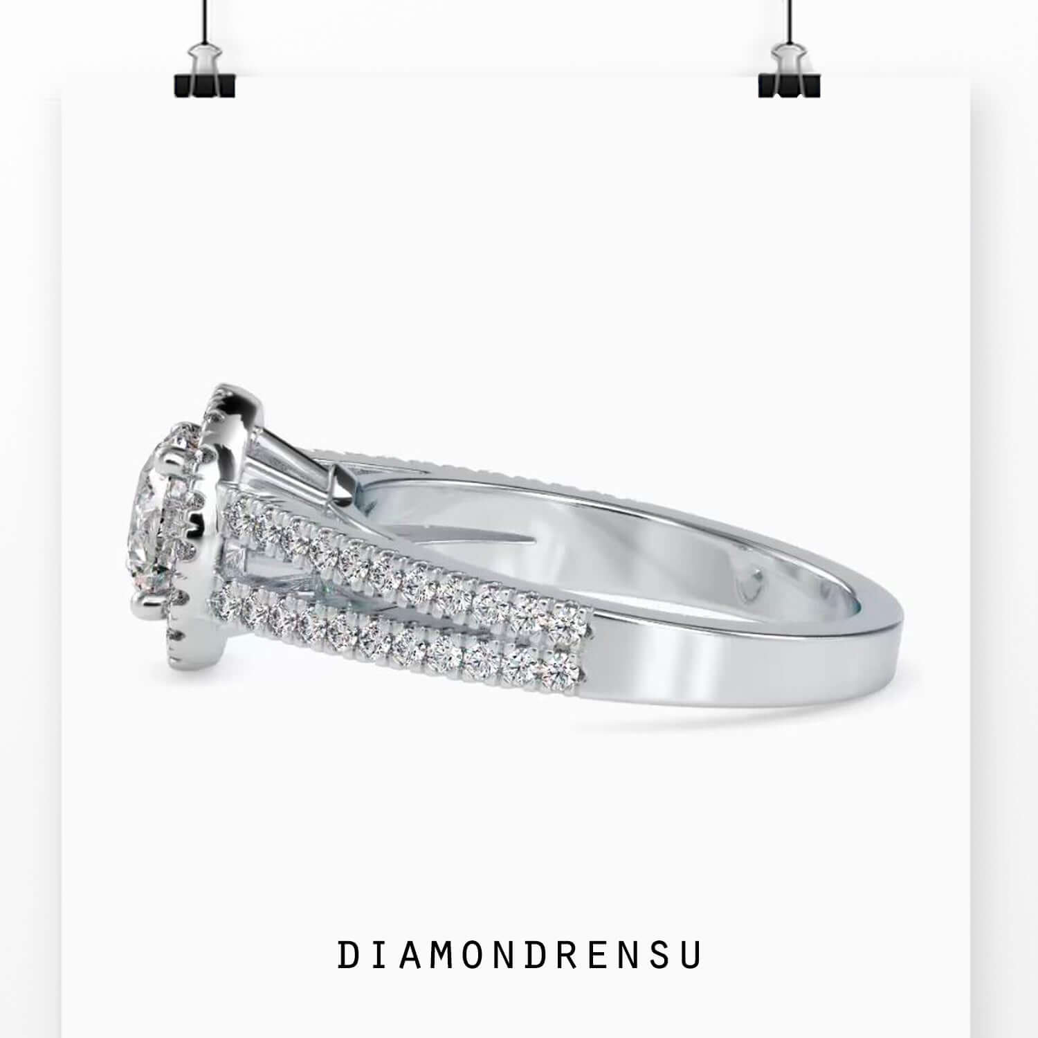Lab grown diamond engagement ring in pave band design.