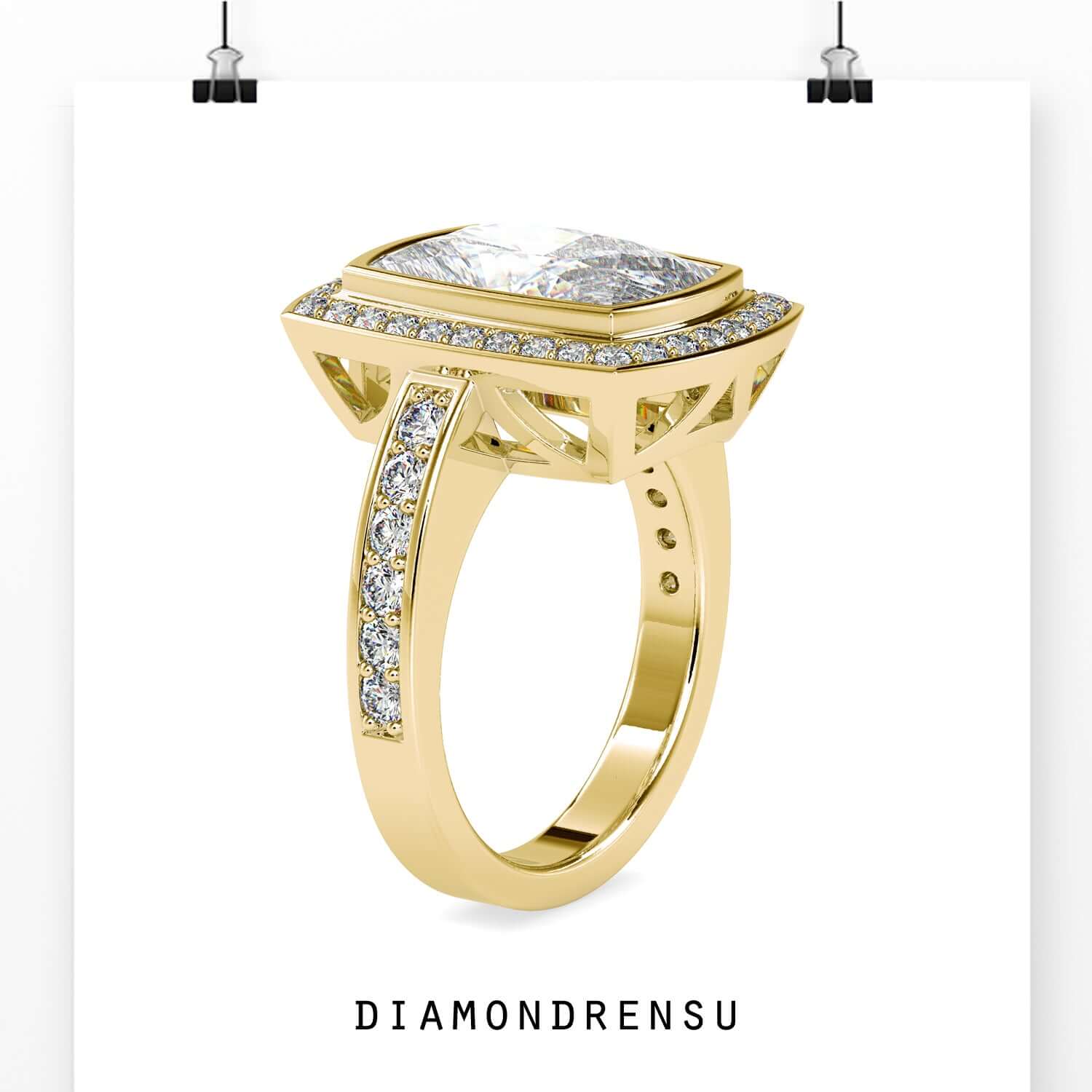 Custom design ring with elongated cushion and halo style.