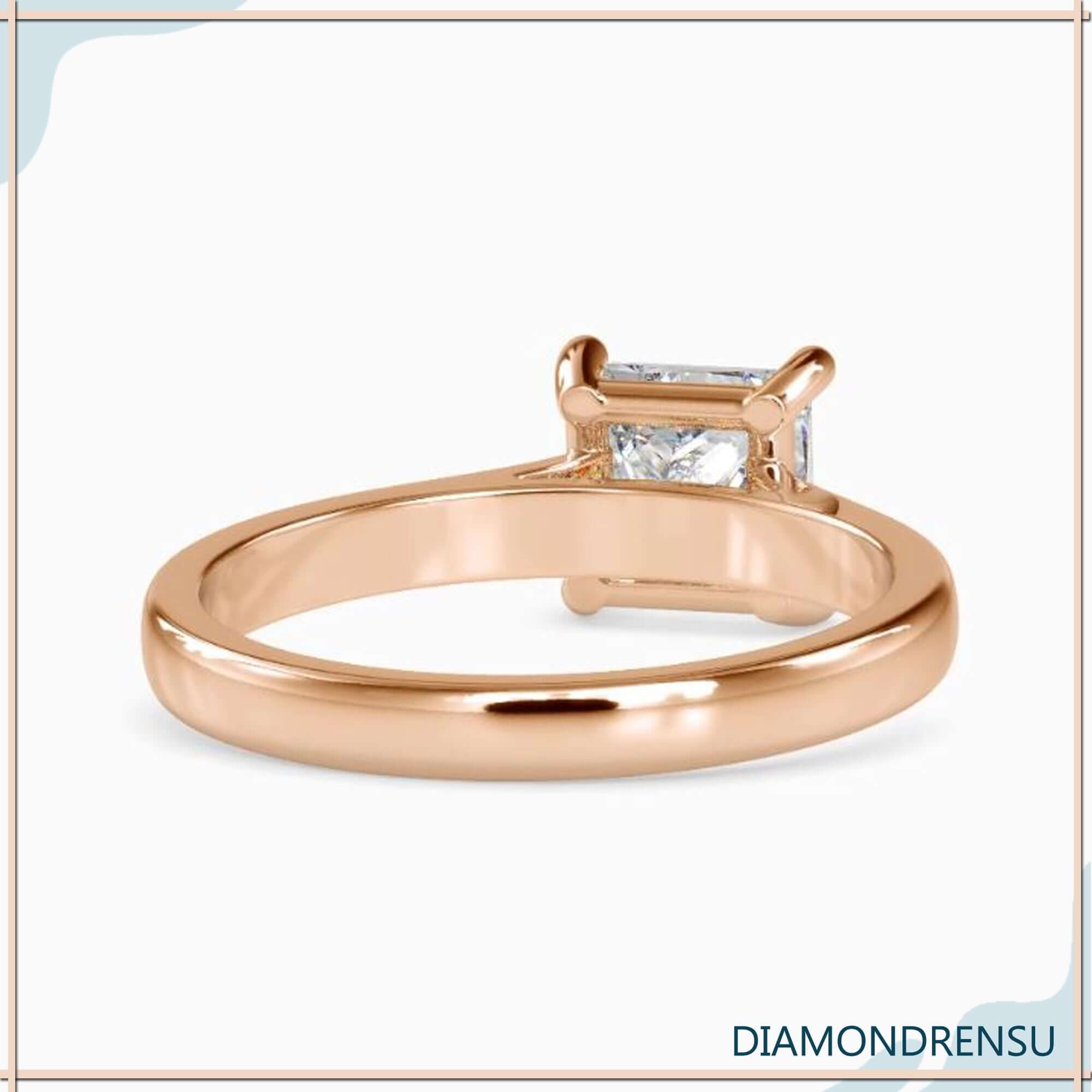 Designer princess diamond ring with secure 4 prong cathedral setting.