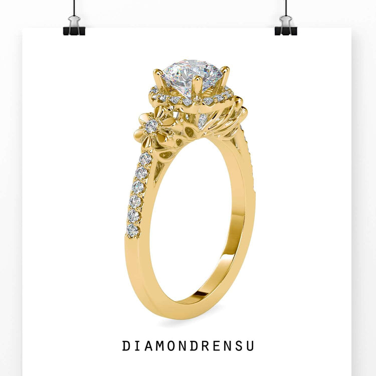 Round cut pave band with flower diamond setting in rose gold.
