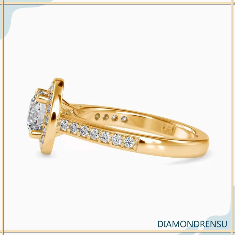 IGI certified engagement ring with round brilliant halo design.