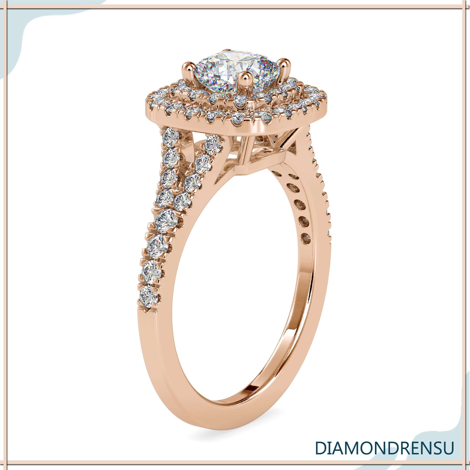 Custom engagement ring with cushion cut diamond and halo layers.